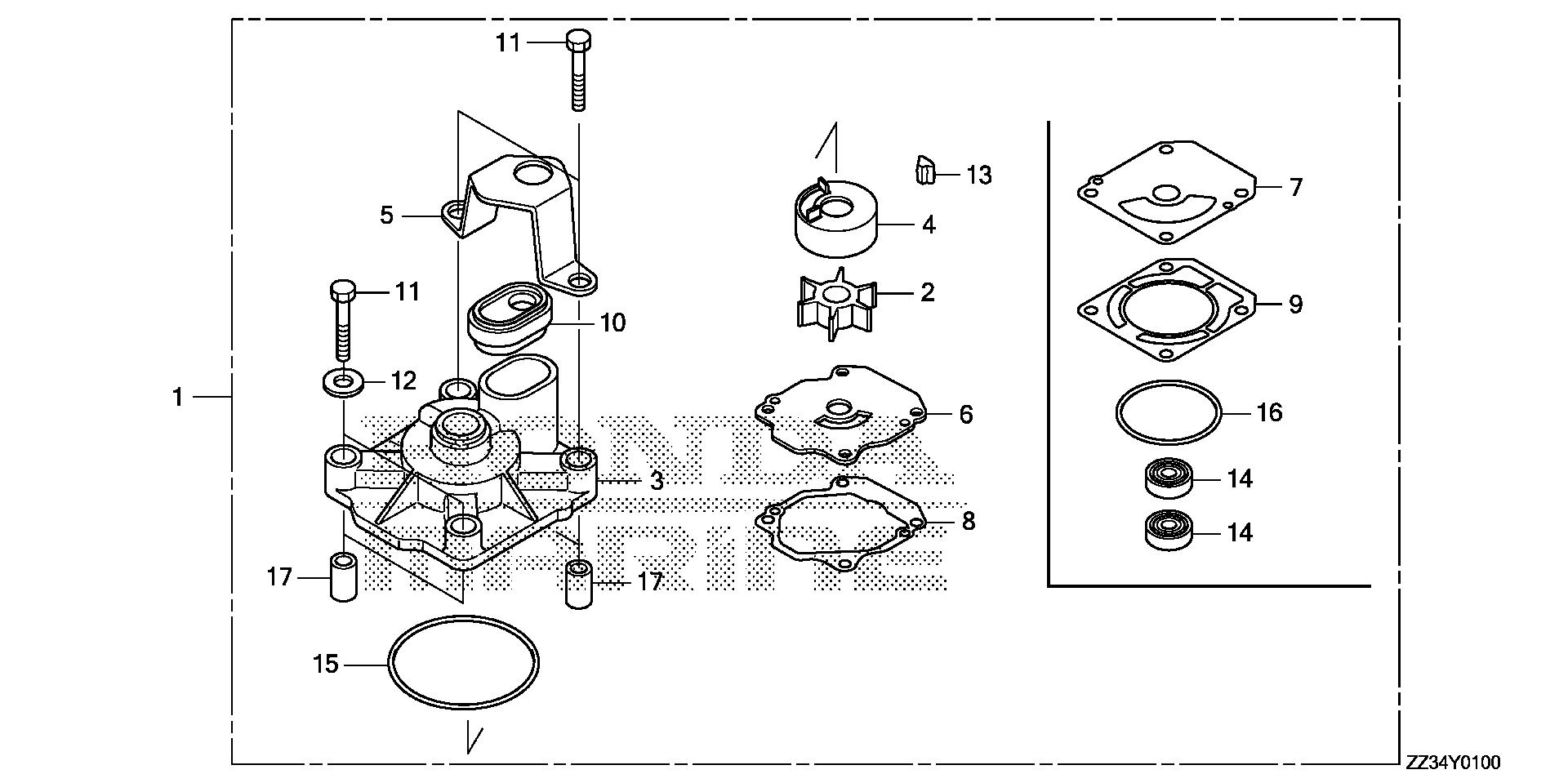 BF60 BF60A impeller pump kit exploded parts diagram with numbered part references