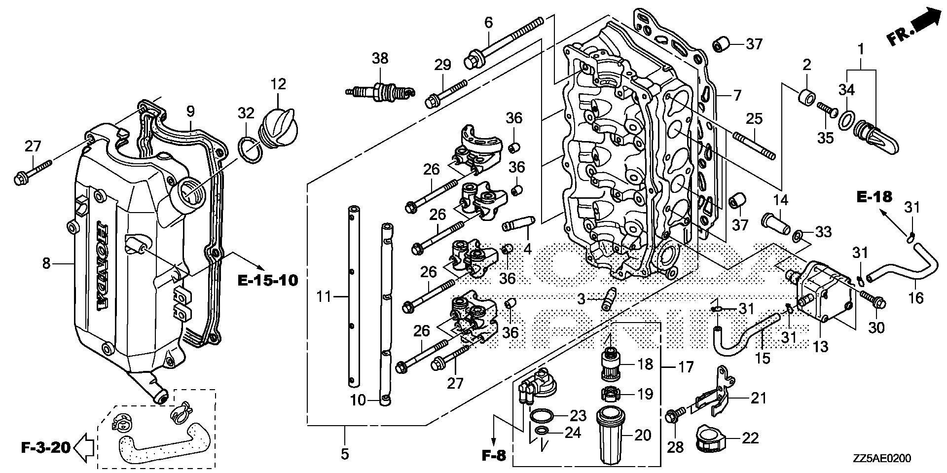 BF50 BF50DK2 cylinder head exploded parts diagram with numbered part references
