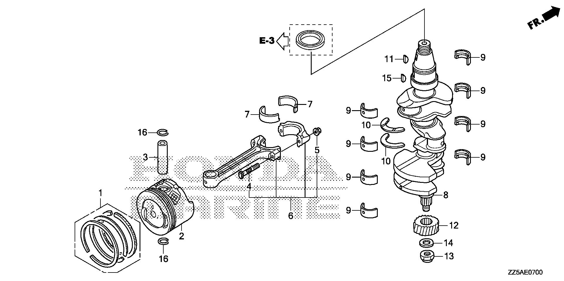 BF50 BF50DK2 crankshaft - piston exploded parts diagram with numbered part references