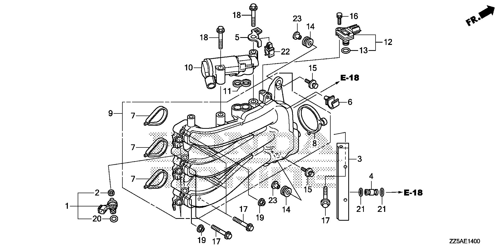 BF50 BF50DK2 inlet manifold - injector exploded parts diagram with numbered part references