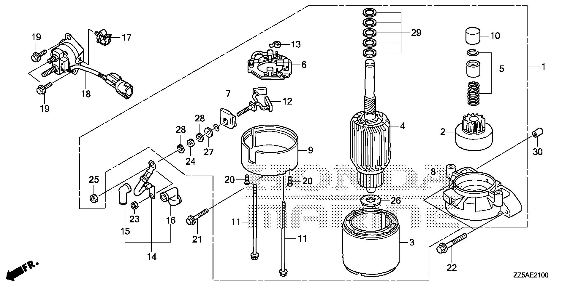 BF50 BF50DK2 starter motor exploded parts diagram with numbered part references