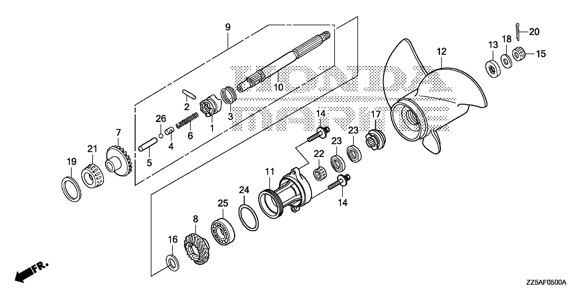 BF50 BF50DK2 propeller shaft exploded parts diagram with numbered part references