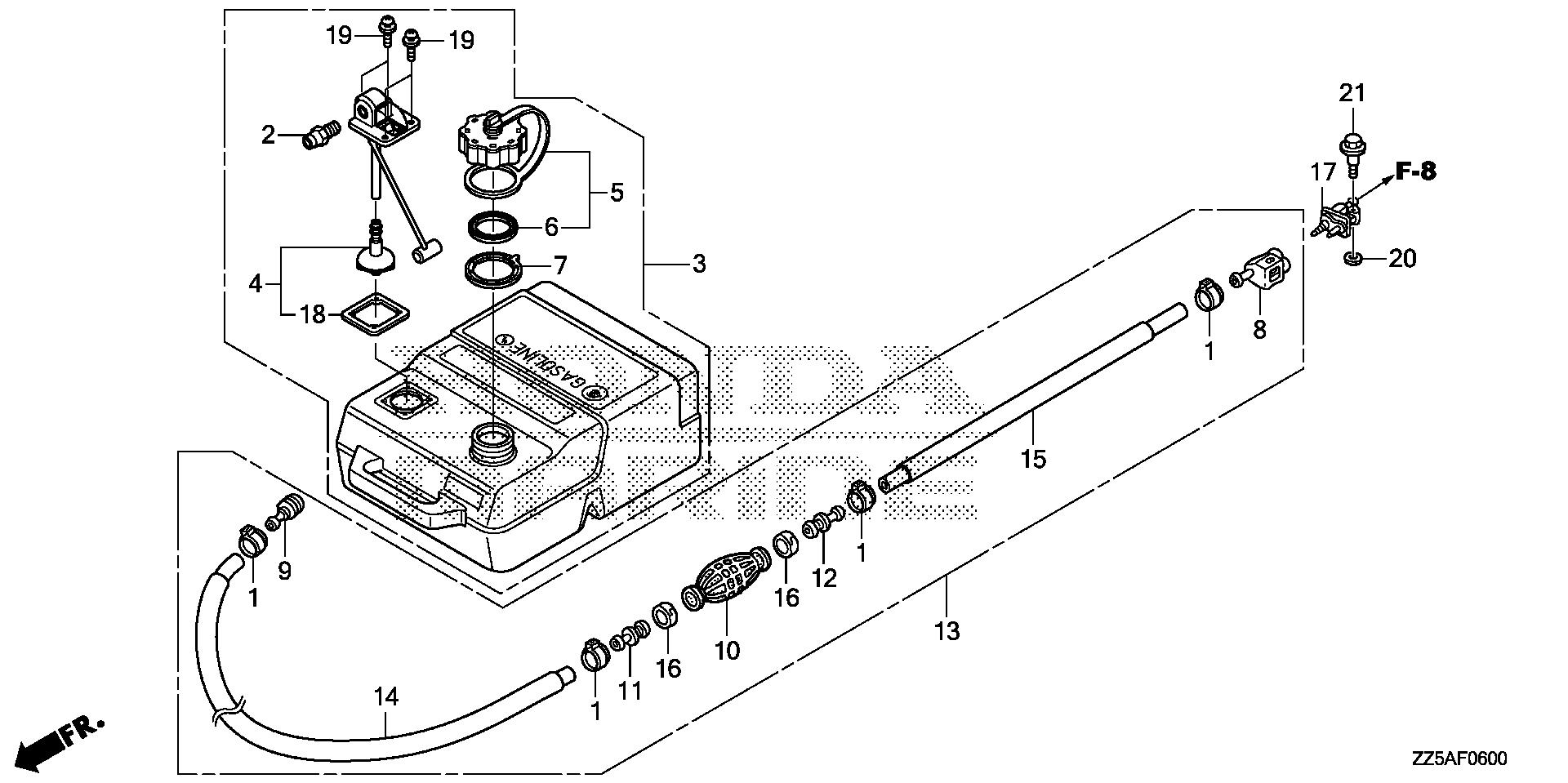 BF50 BF50DK2 fuel tank exploded parts diagram with numbered part references