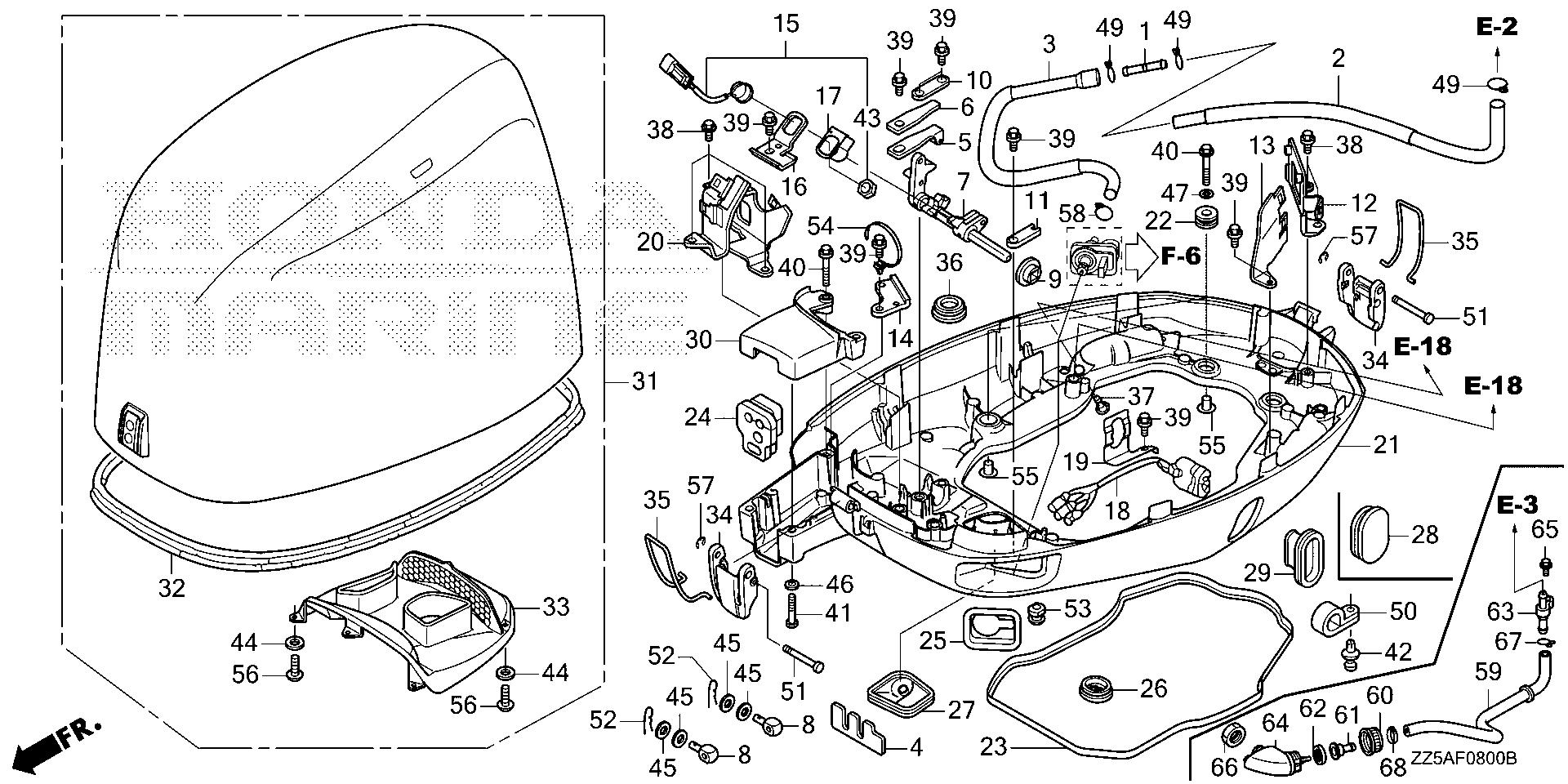 BF50 BF50DK2 engine cover - under case exploded parts diagram with numbered part references
