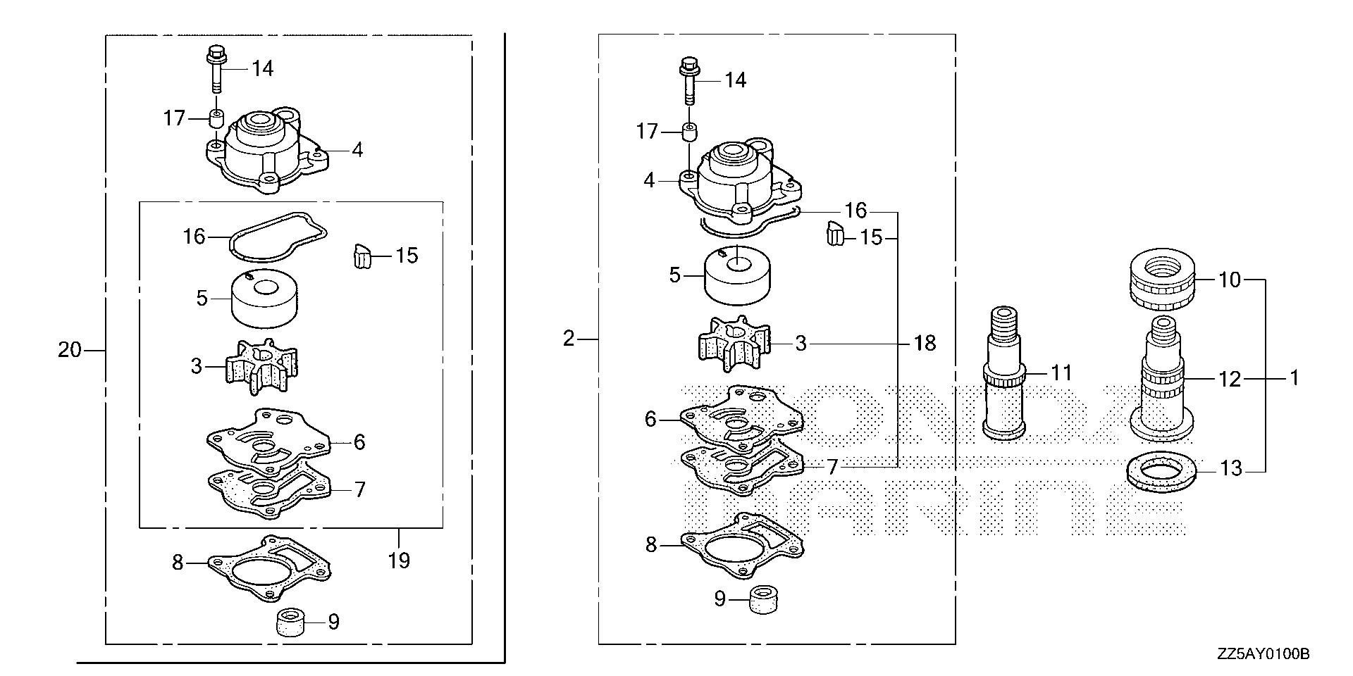 BF50 BF50DK2 impeller pump kit - water  hose joint kit exploded parts diagram with numbered part references