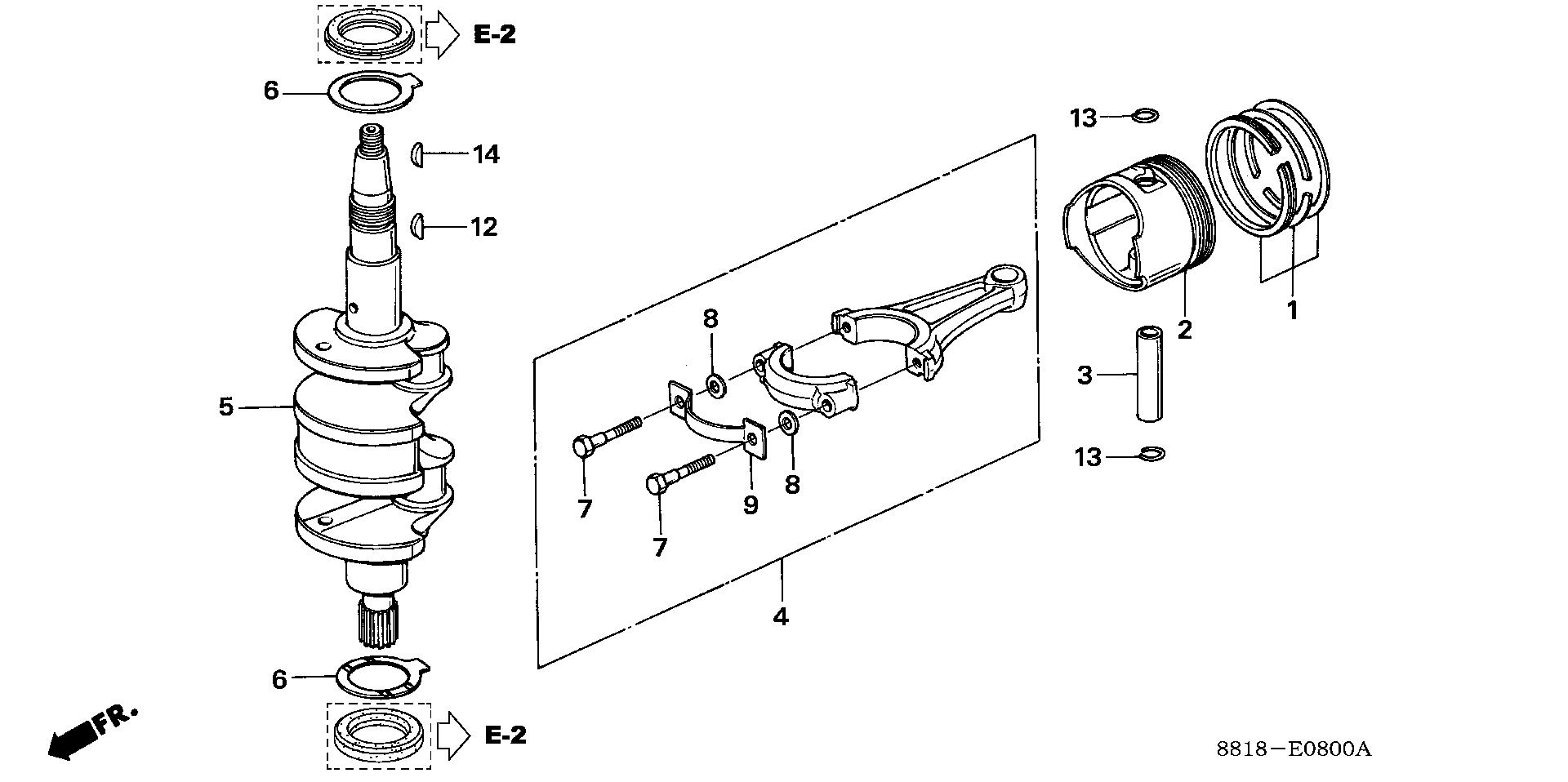BF8 BF8A4 piston - crankshaft exploded parts diagram with numbered part references