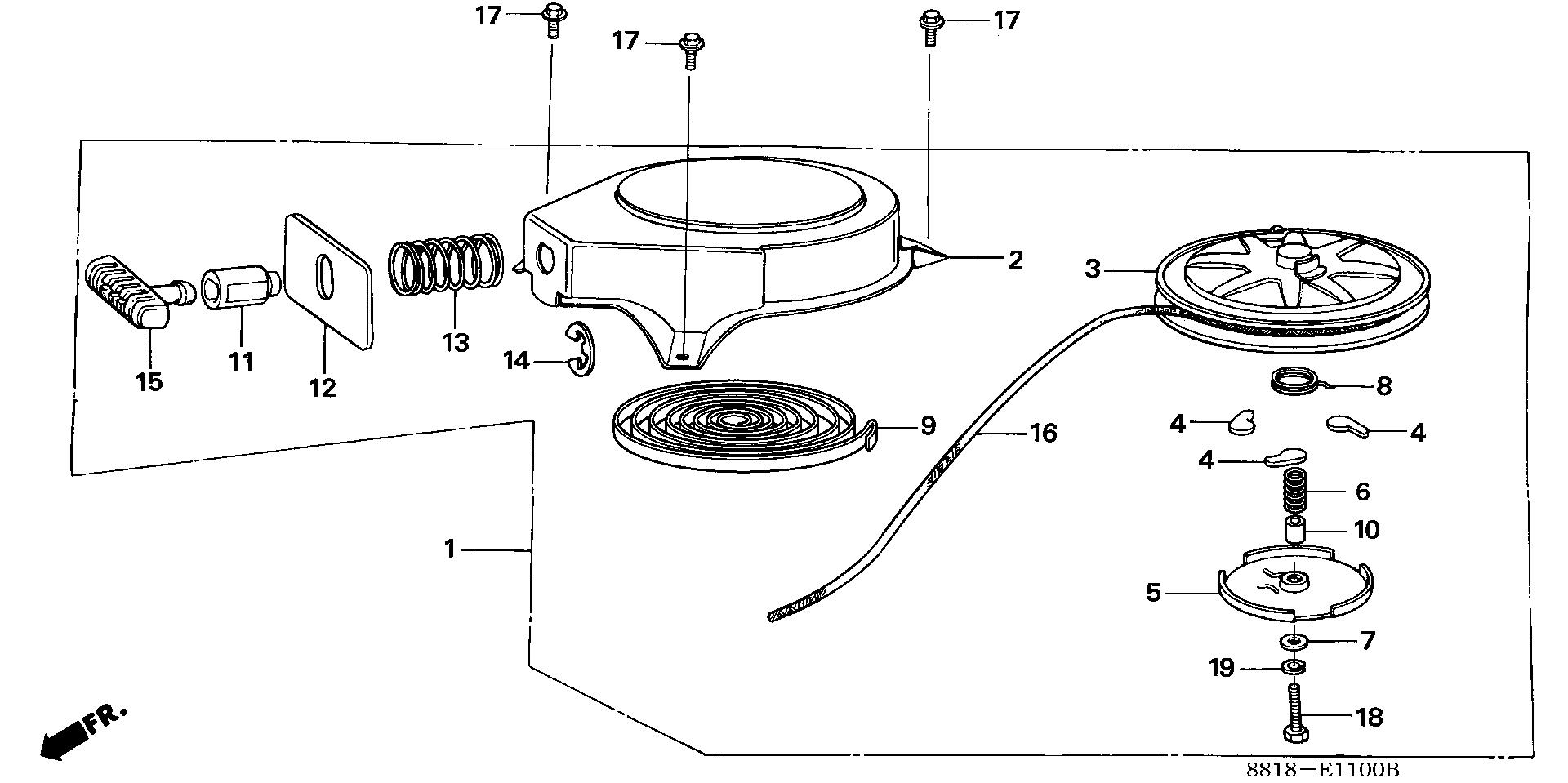 BF8 BF8A4 recoil starter exploded parts diagram with numbered part references