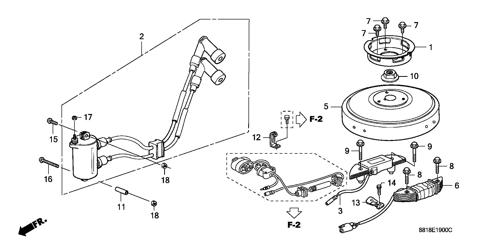 BF8 BF8A4 flywheel exploded parts diagram with numbered part references