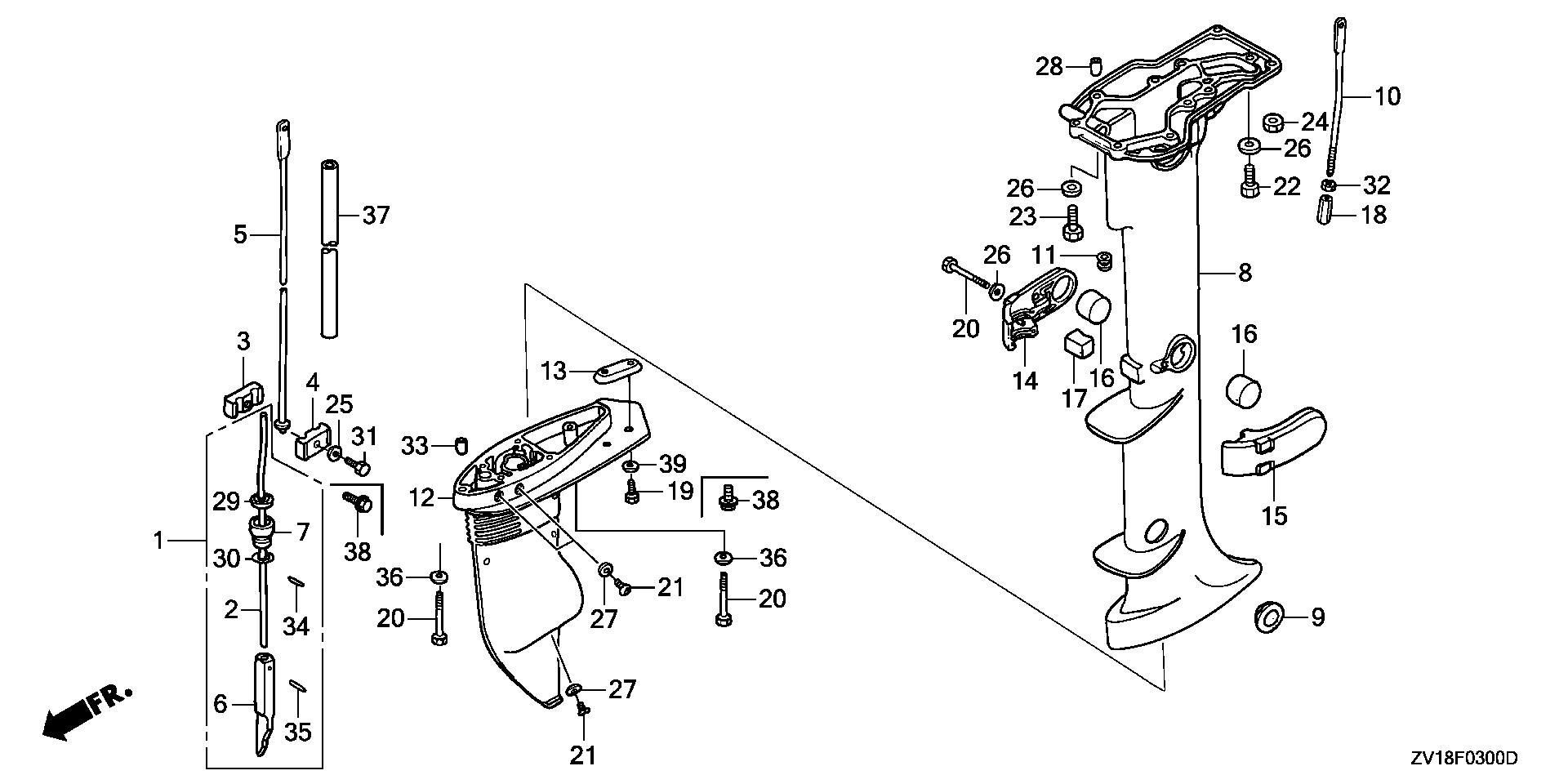 BF5 BF5A5 extension case - gear case exploded parts diagram with numbered part references