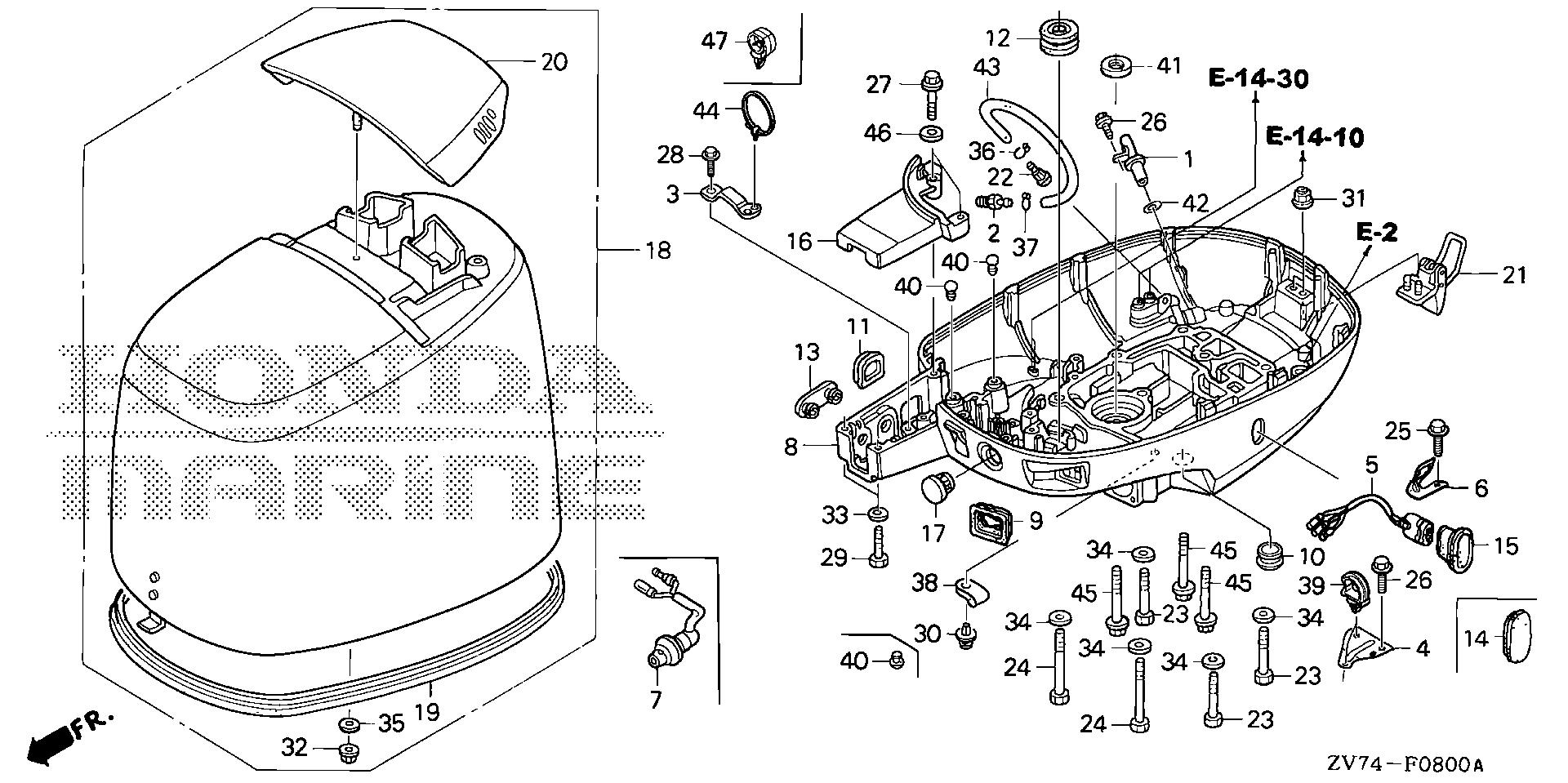 BF25 BF25D5 engine cover - lower case exploded parts diagram with numbered part references