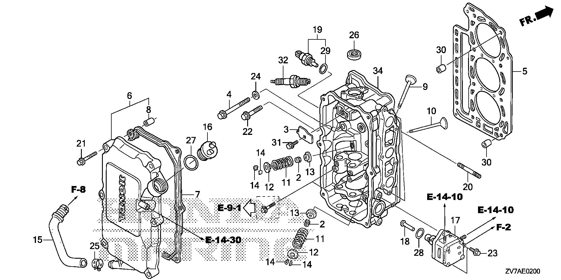 BF30 BF30DK2 cylinder head exploded parts diagram with numbered part references