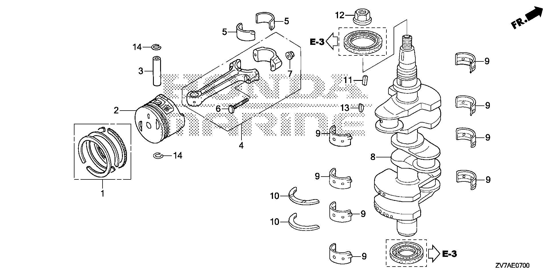BF30 BF30DK2 crankshaft - piston exploded parts diagram with numbered part references
