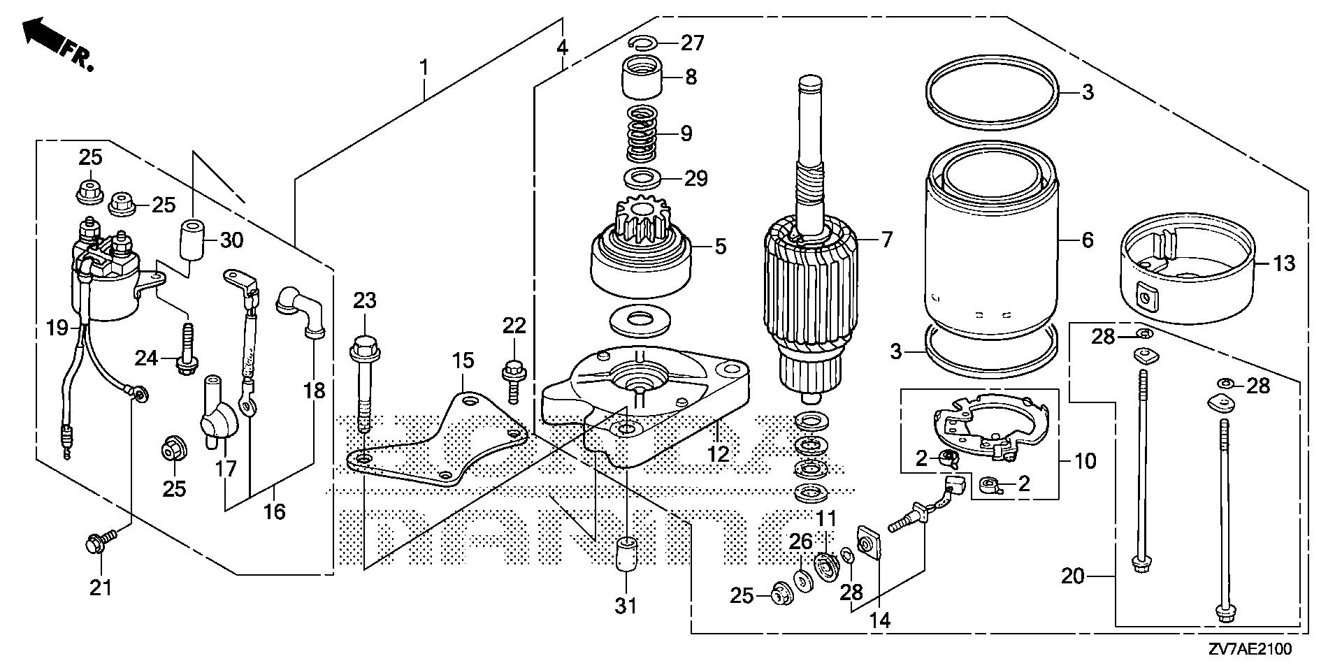 BF30 BF30DK2 starter motor exploded parts diagram with numbered part references