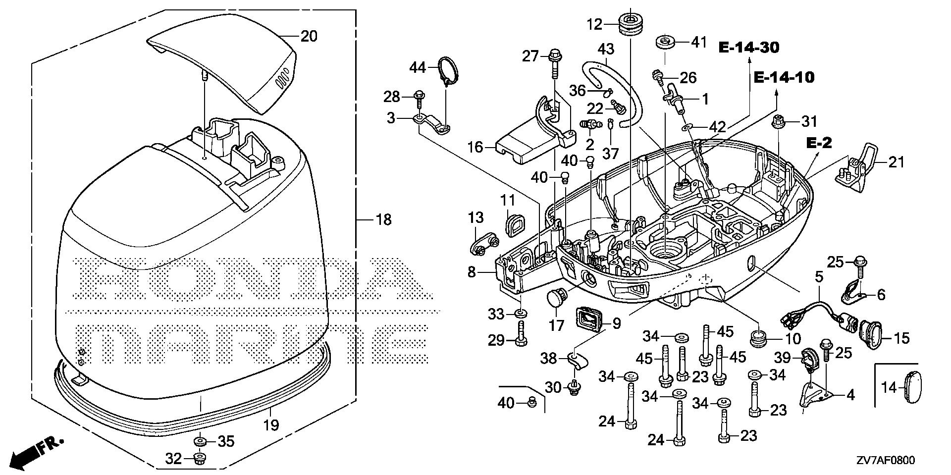 BF30 BF30DK2 engine cover - under case exploded parts diagram with numbered part references