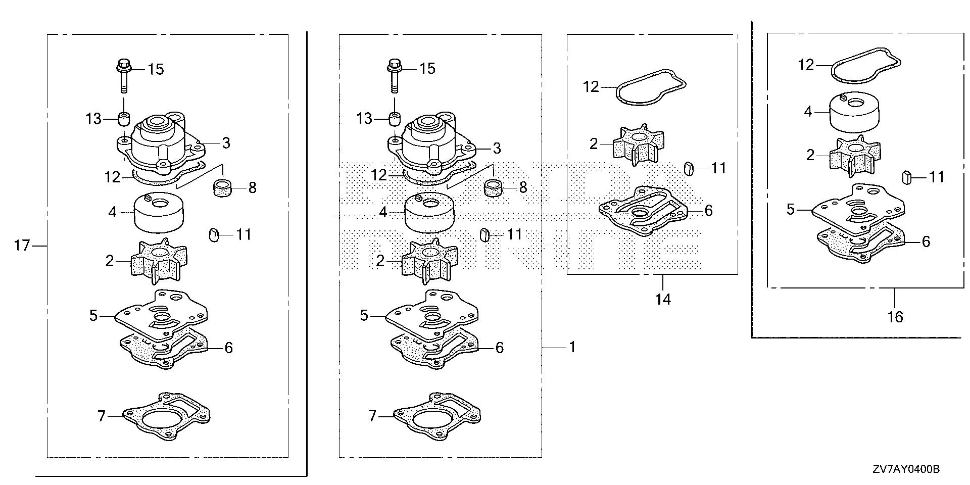 BF30 BF30DK2 water pump impeller kit exploded parts diagram with numbered part references