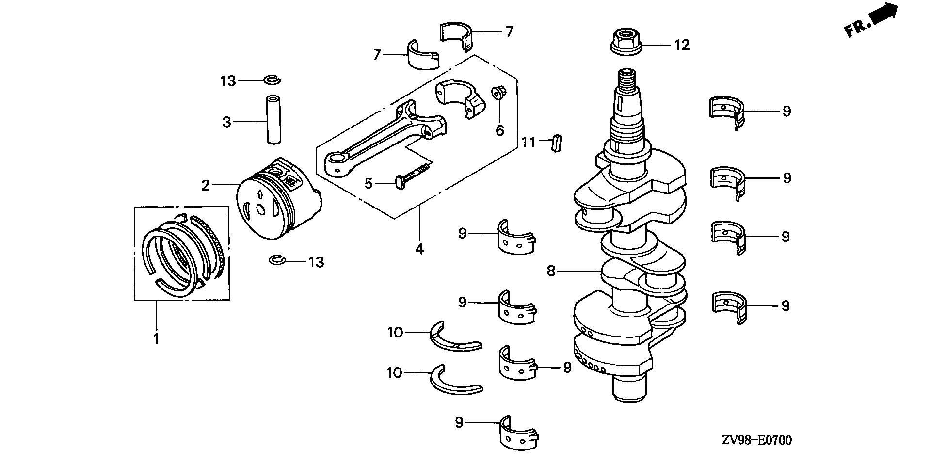 BF30 BF30A2 crankshaft - piston exploded parts diagram with numbered part references