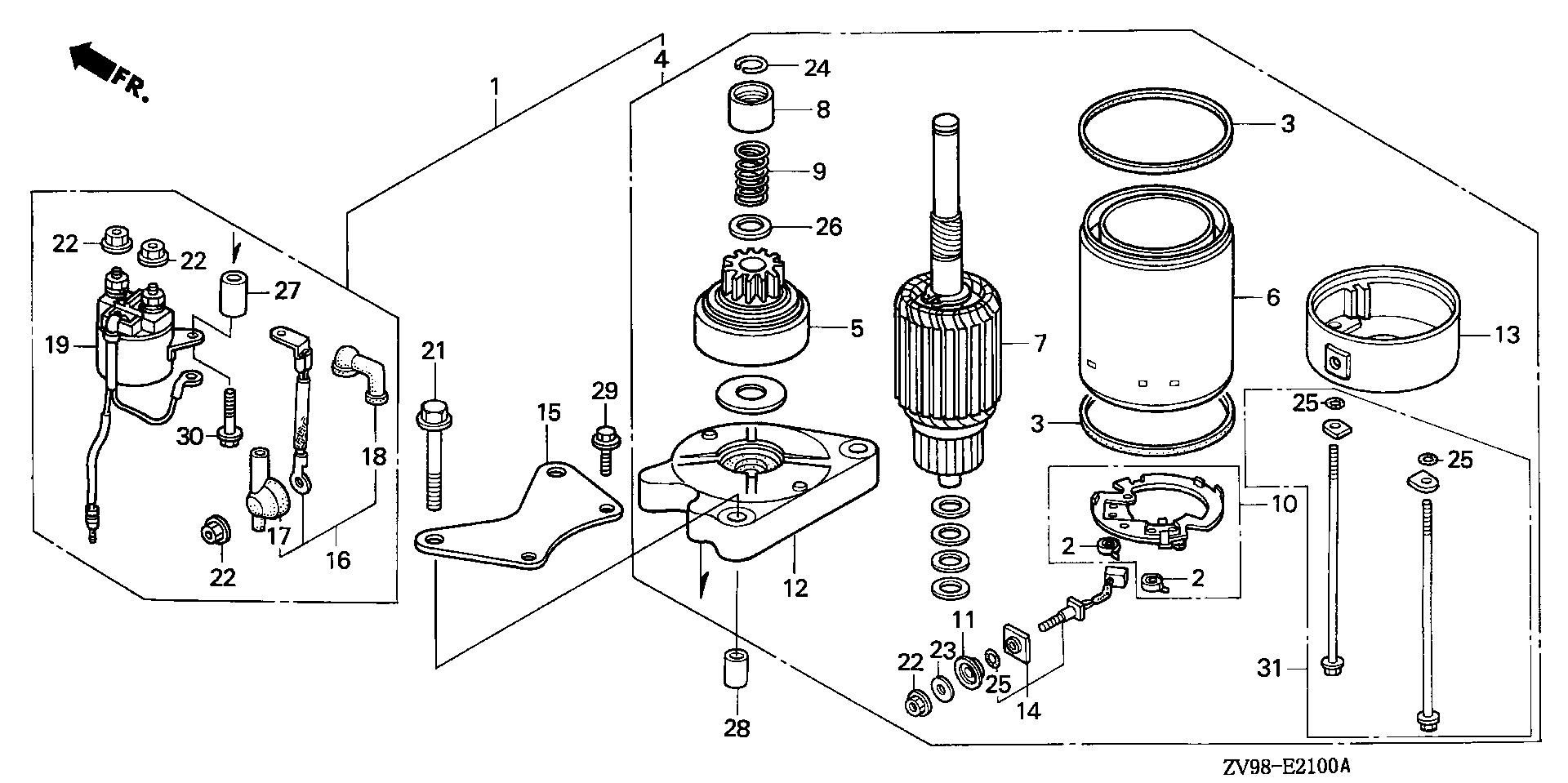 BF30 BF30A2 starter motor exploded parts diagram with numbered part references