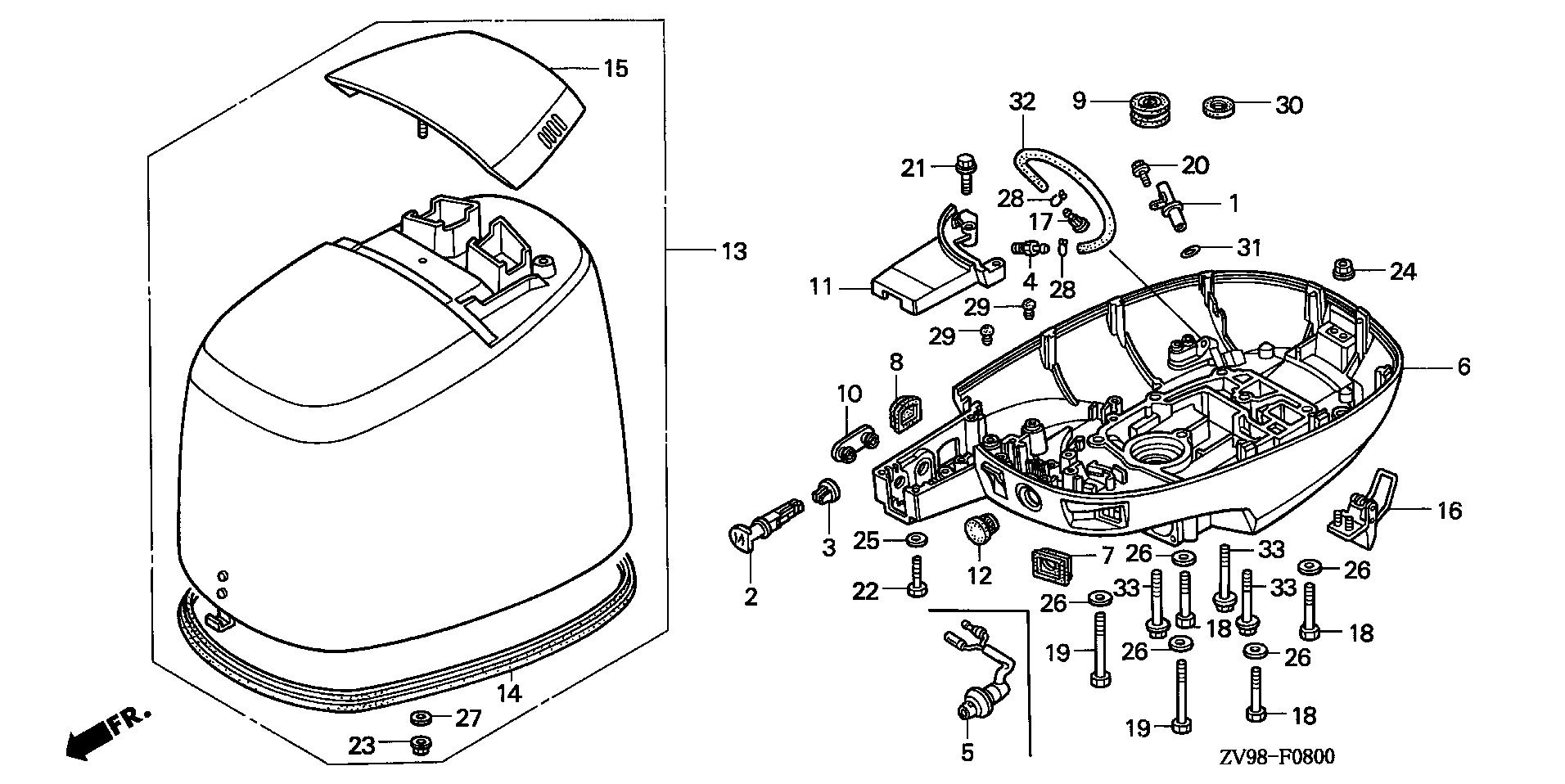 BF30 BF30A2 engine cover exploded parts diagram with numbered part references