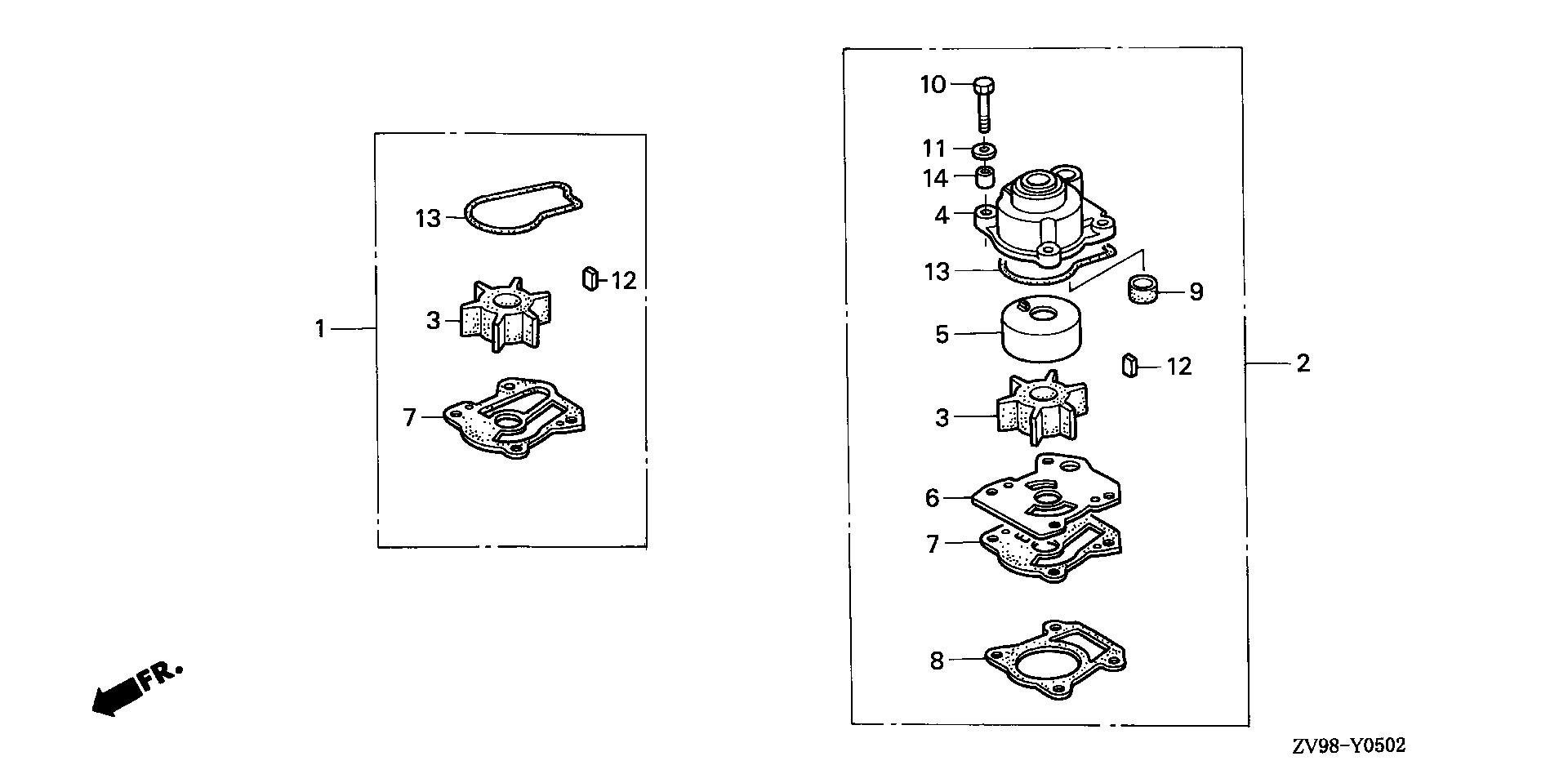 BF30 BF30A3 impeller pump kit (2) exploded parts diagram with numbered part references