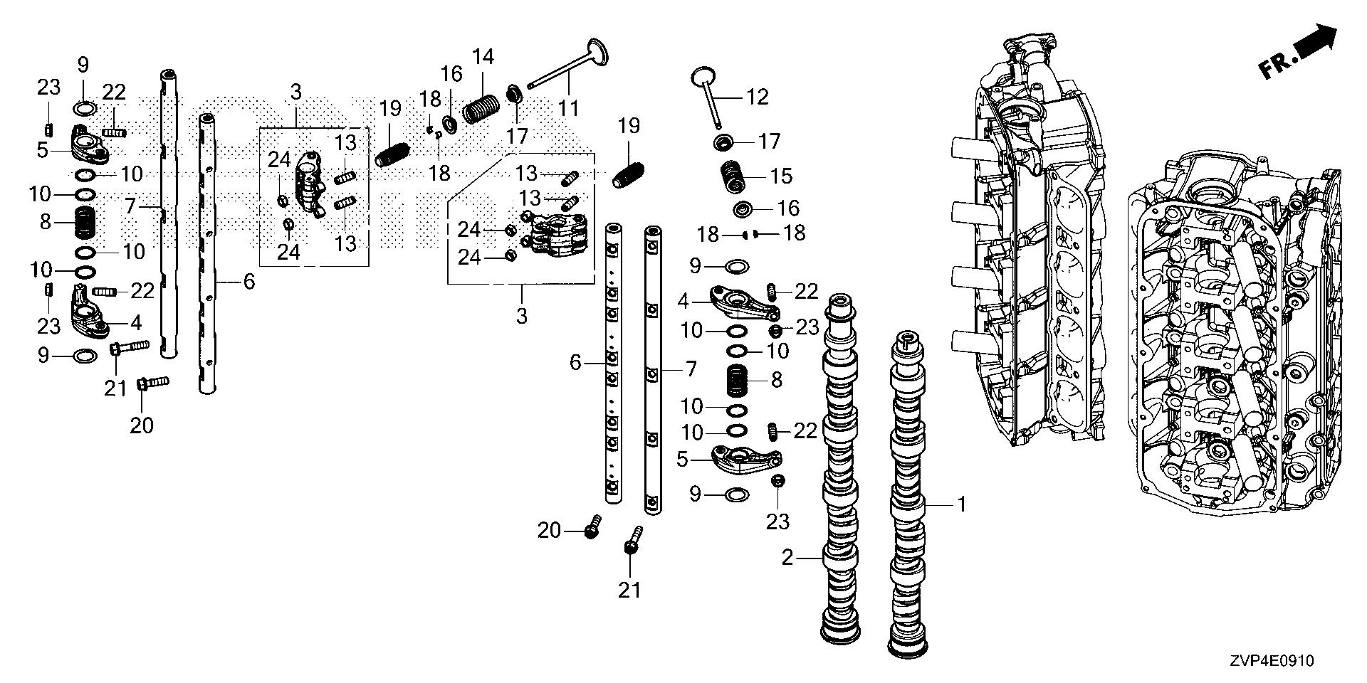 BF350 BF350A camshaft - rocker arm exploded parts diagram with numbered part references