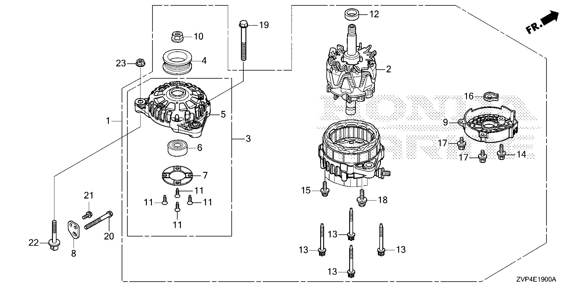 BF350 BF350A alternator exploded parts diagram with numbered part references