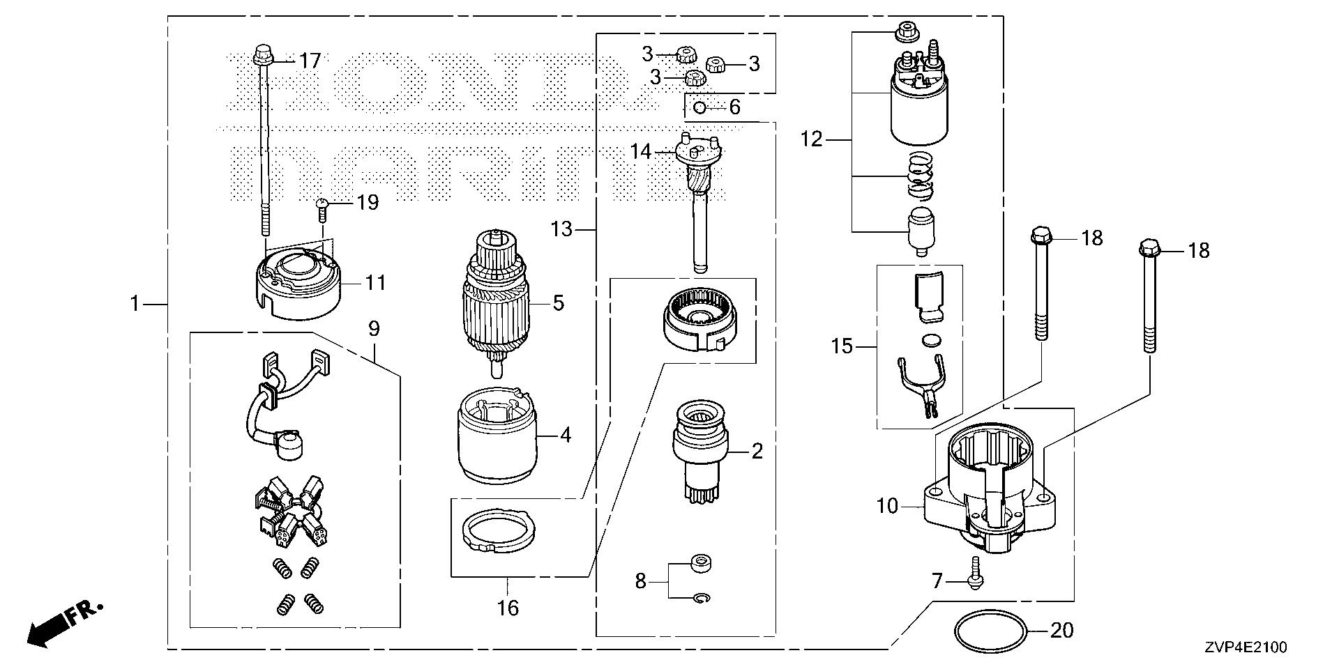 BF350 BF350A starter motor exploded parts diagram with numbered part references
