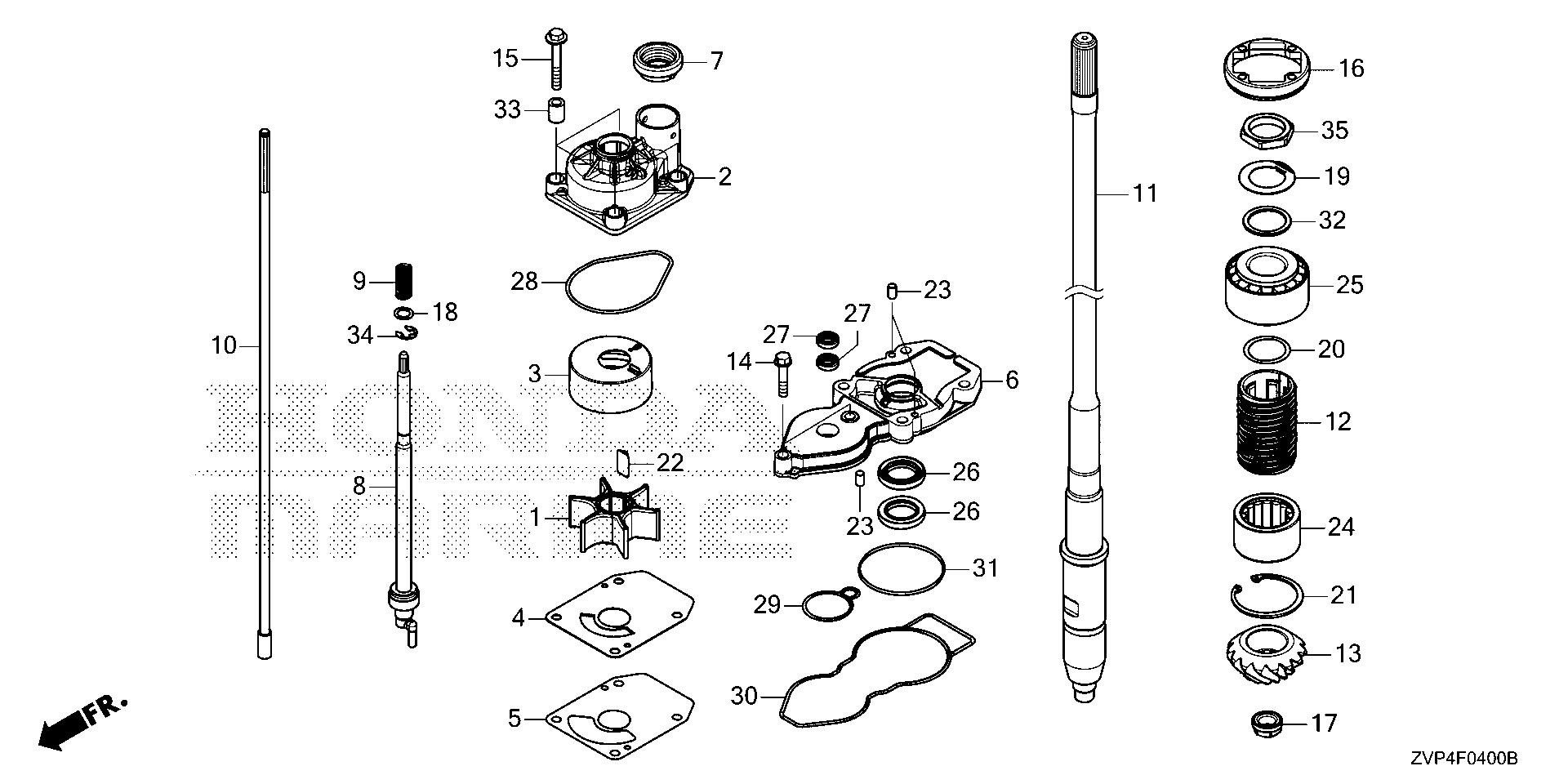 BF350 BF350A water pump - vertical shaft exploded parts diagram with numbered part references