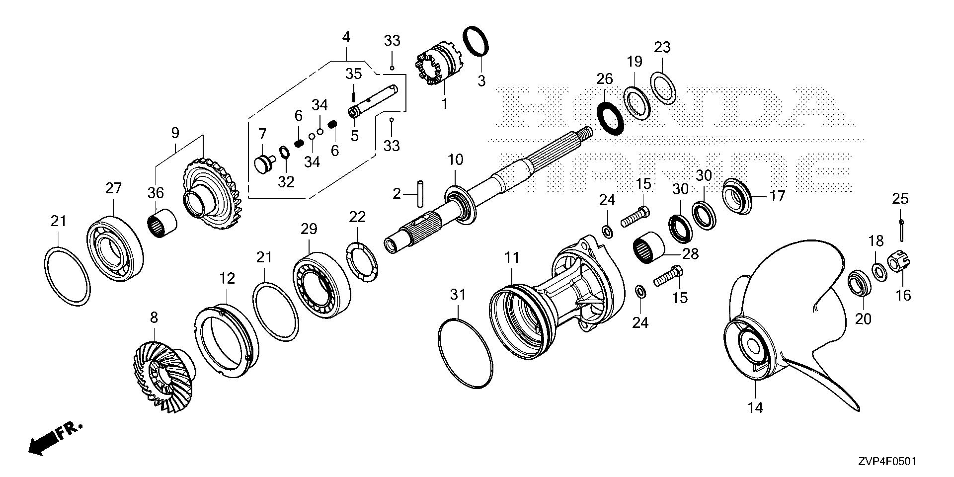 BF350 BF350A propeller shaft (counter rotation) exploded parts diagram with numbered part references
