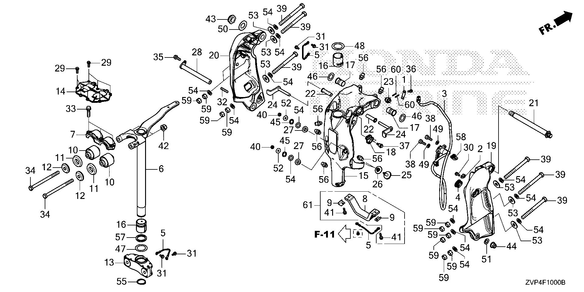 BF350 BF350A stern bracket - swivel case exploded parts diagram with numbered part references