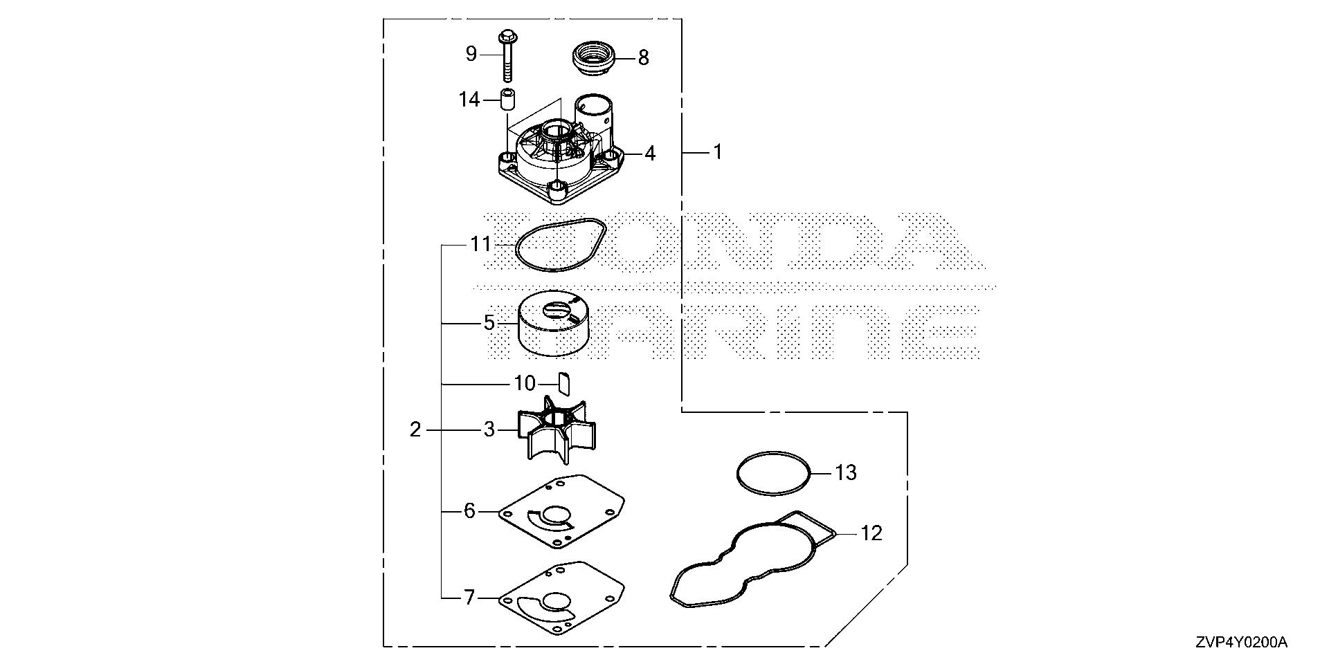 BF350 BF350A pump impeller kit exploded parts diagram with numbered part references