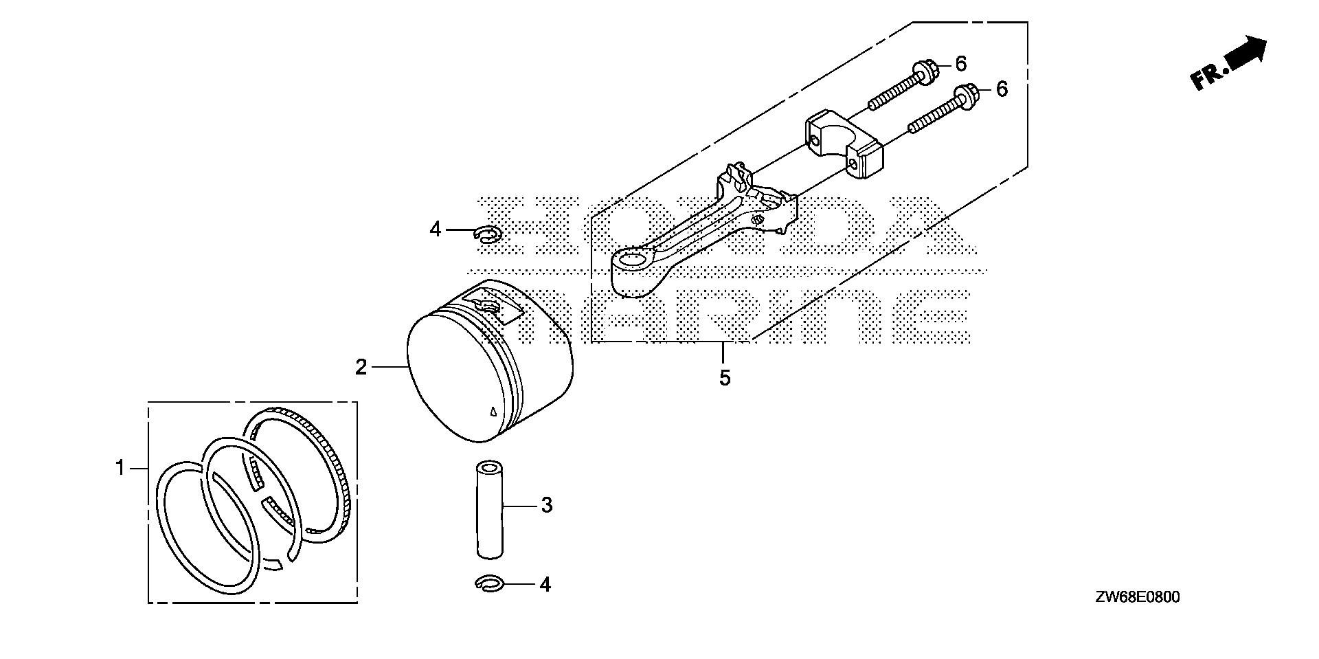 BF2 BF2DK0 piston - connecting rod exploded parts diagram with numbered part references