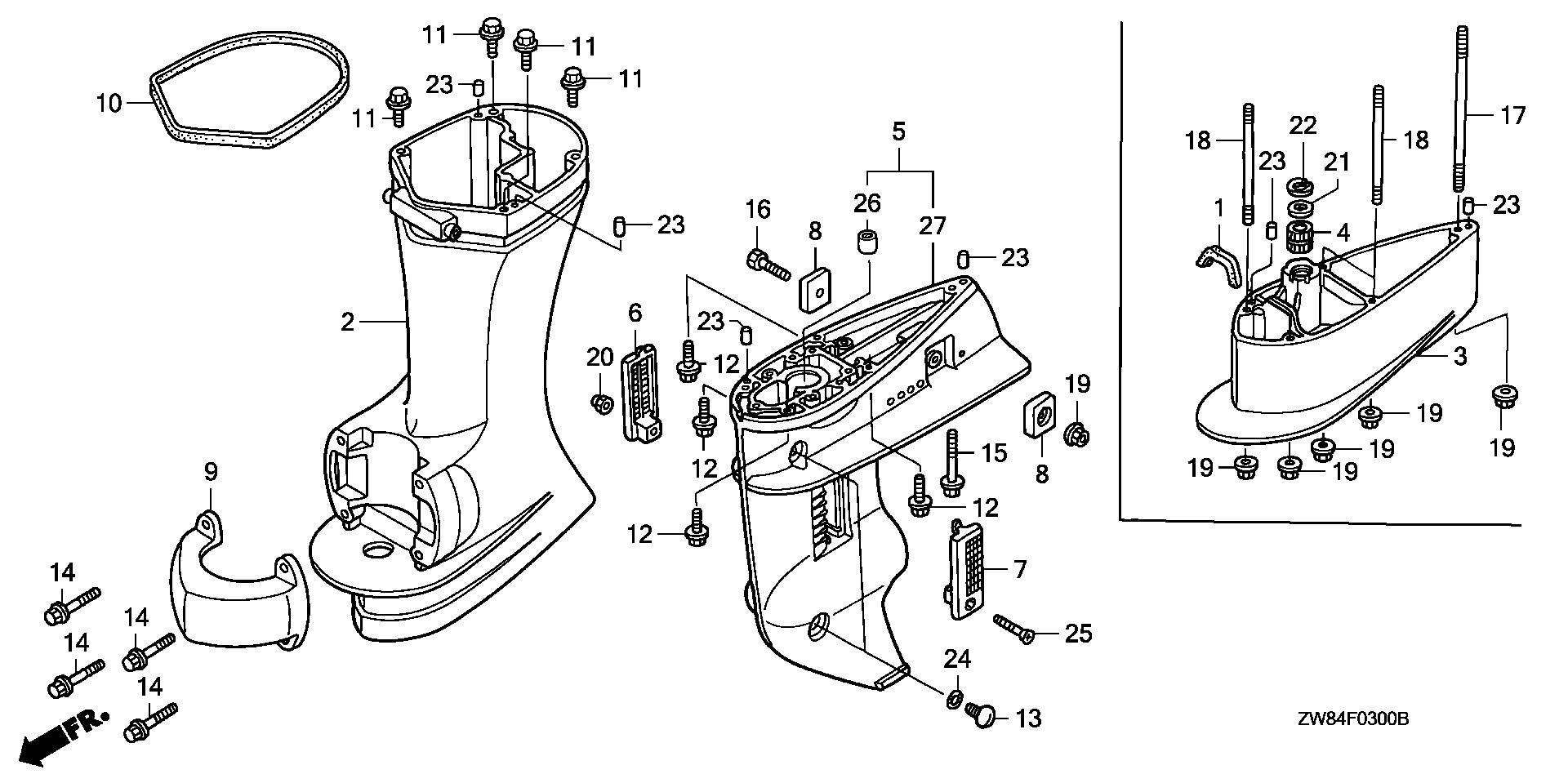 BF8 BF8D2 gear case - extension case exploded parts diagram with numbered part references