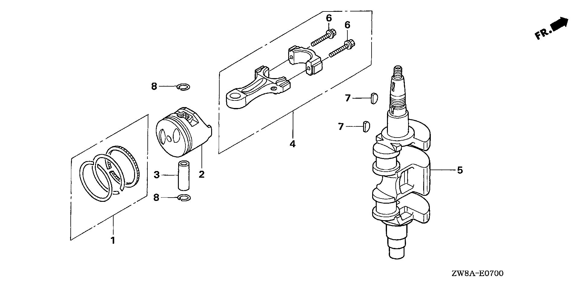 BF8 BF8D5 crankshaft - piston exploded parts diagram with numbered part references