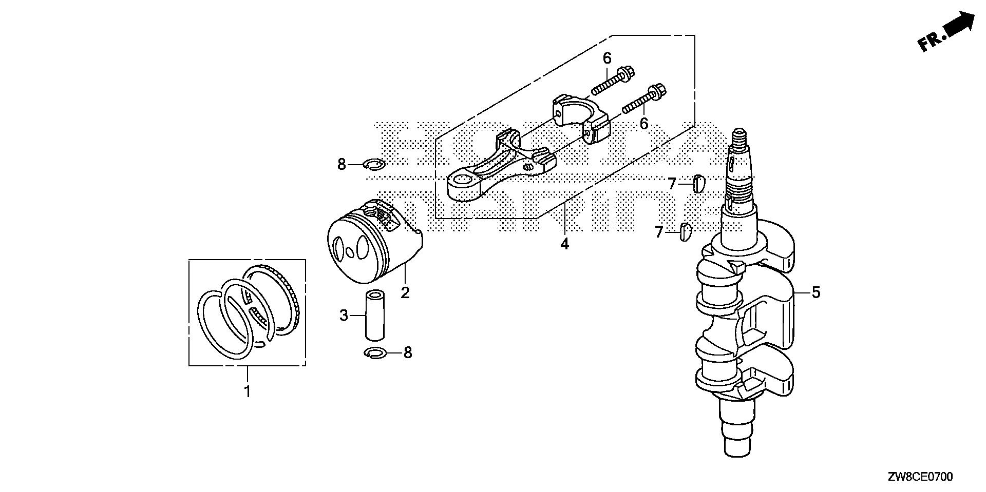 BF8 BF8DK3 crankshaft - piston exploded parts diagram with numbered part references