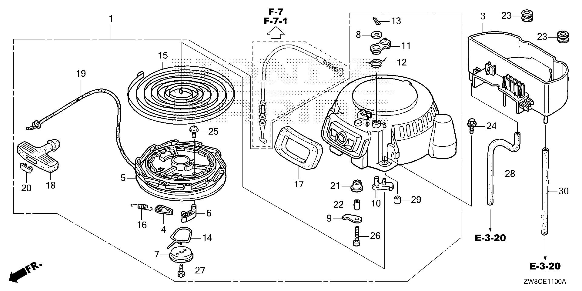 BF8 BF8DK3 recoil starter exploded parts diagram with numbered part references