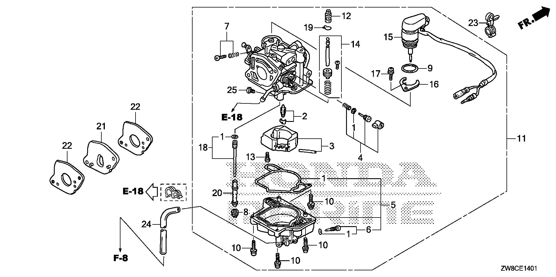 BF8 BF8DK3 carburetor (auto) exploded parts diagram with numbered part references
