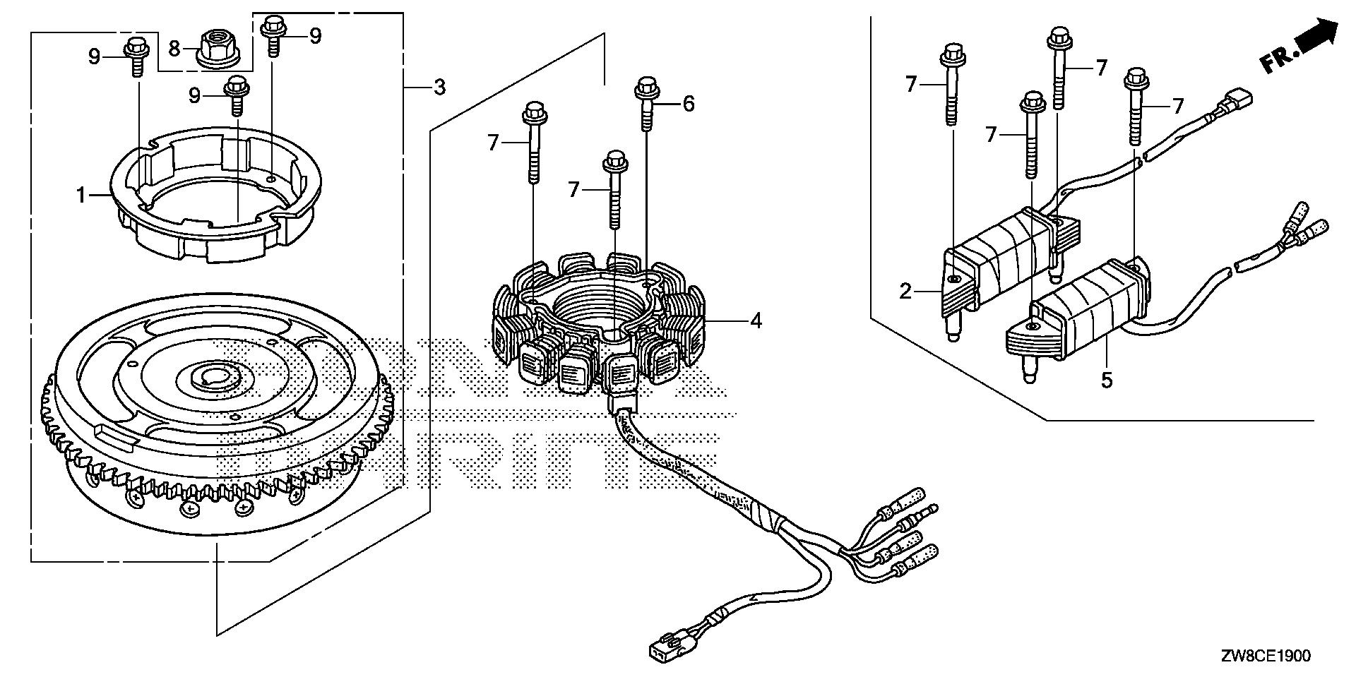 BF8 BF8DK3 flywheel exploded parts diagram with numbered part references