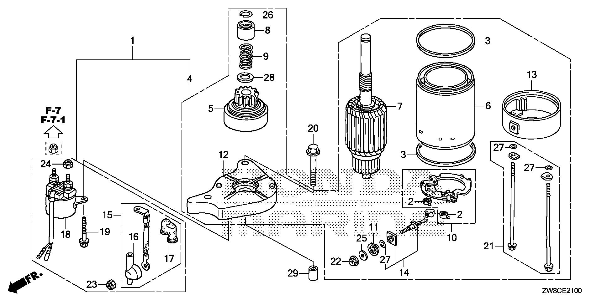 BF8 BF8DK3 starter motor exploded parts diagram with numbered part references