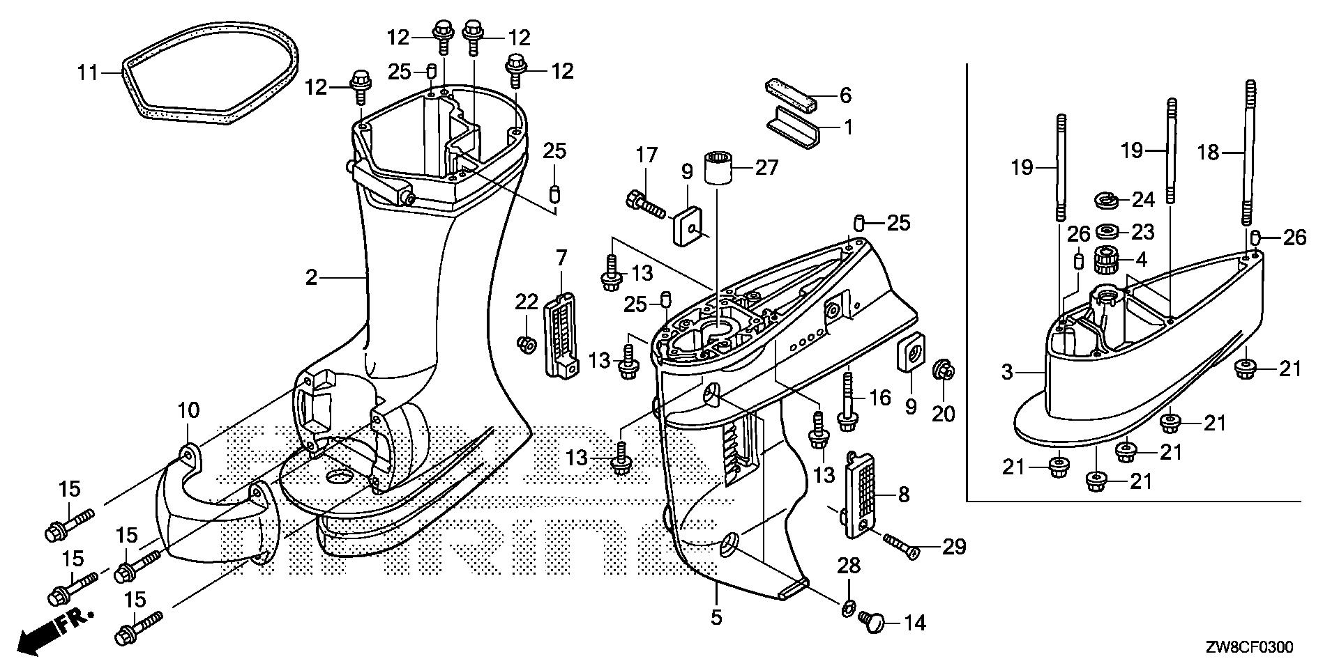 BF8 BF8DK3 gear case - extension case exploded parts diagram with numbered part references