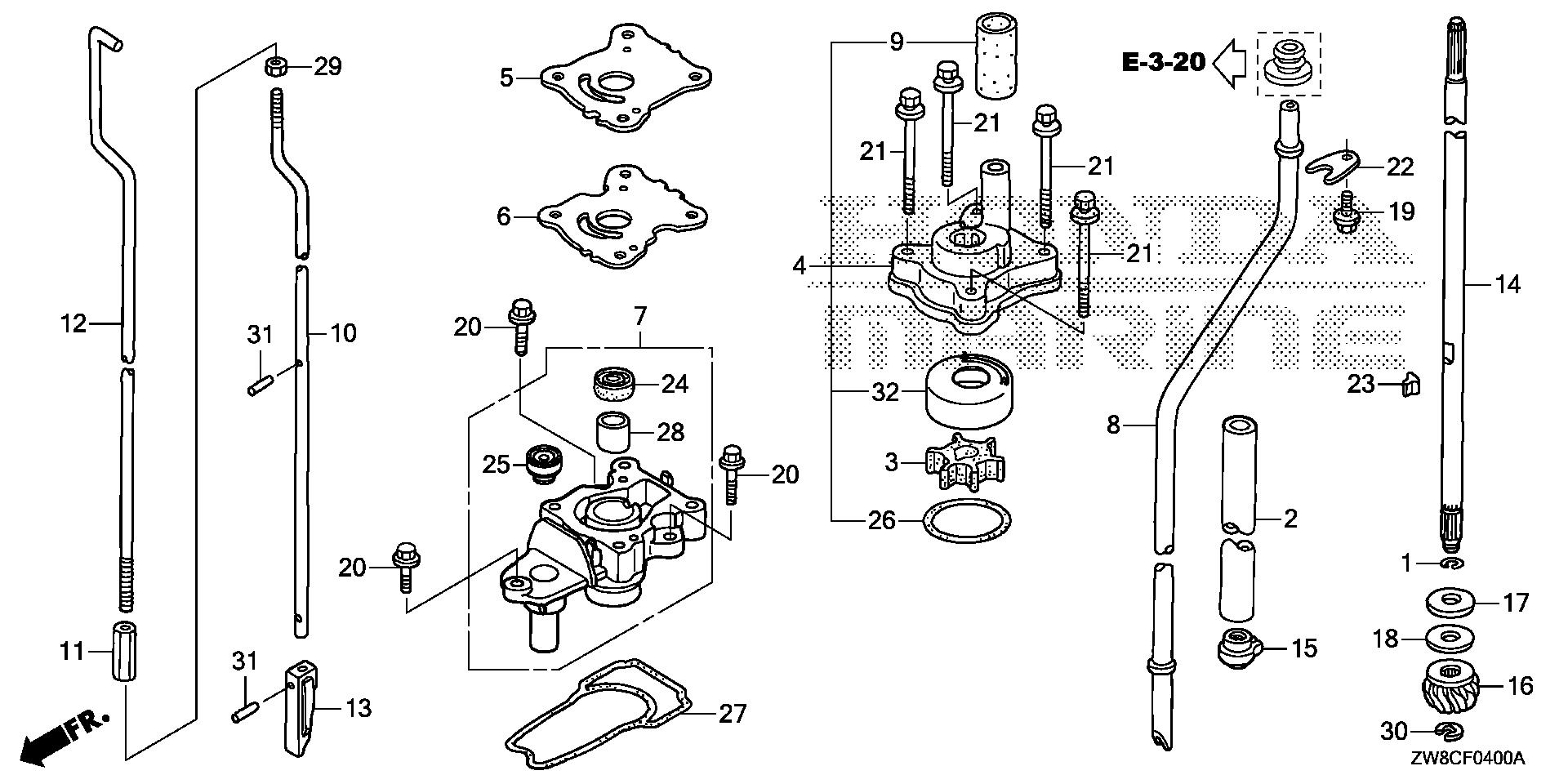 BF8 BF8DK3 water pump - vertical shaft (s,l) exploded parts diagram with numbered part references