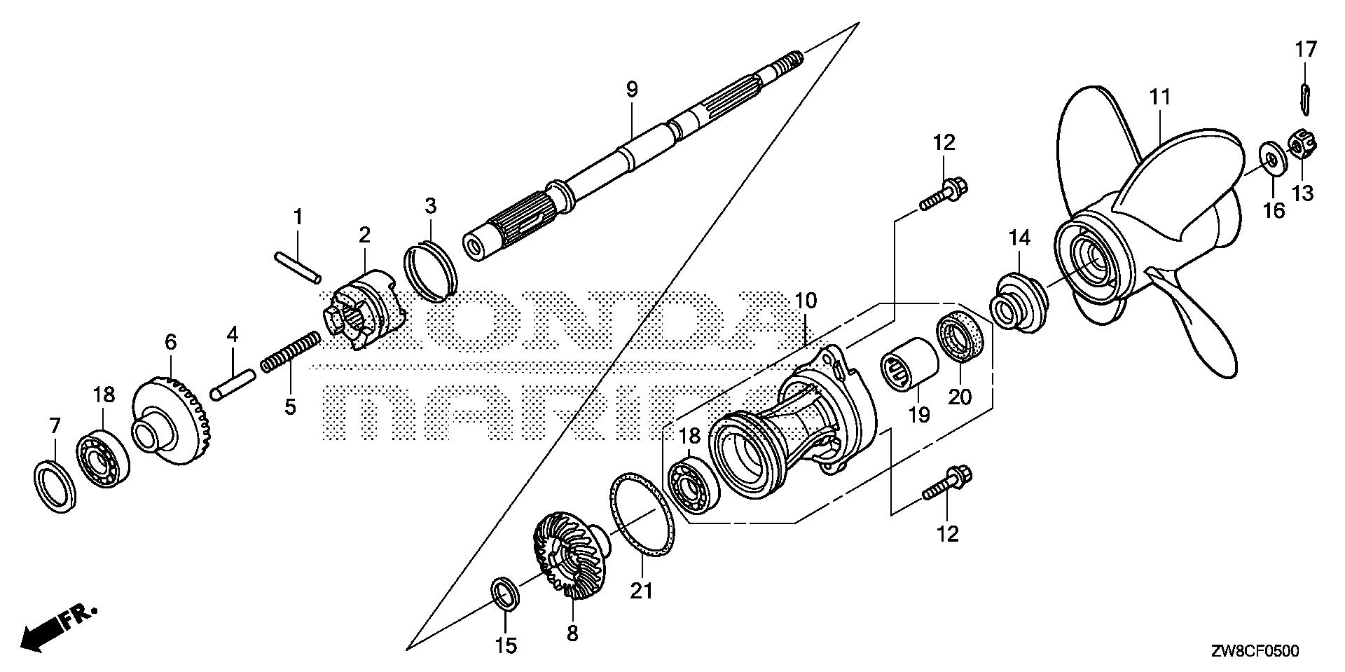 BF8 BF8DK3 propeller shaft - propeller exploded parts diagram with numbered part references