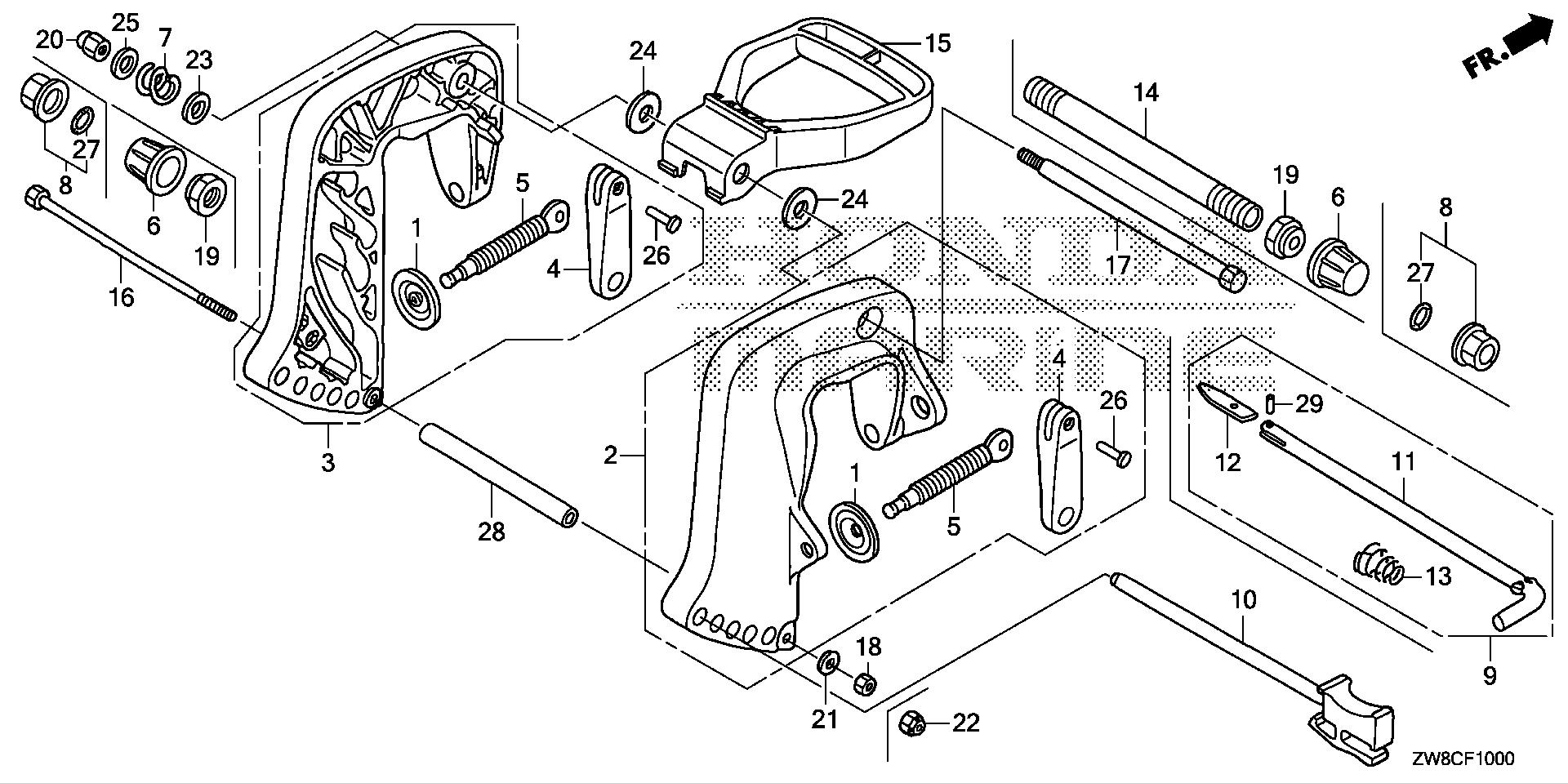 BF8 BF8DK3 stern bracket (1) exploded parts diagram with numbered part references