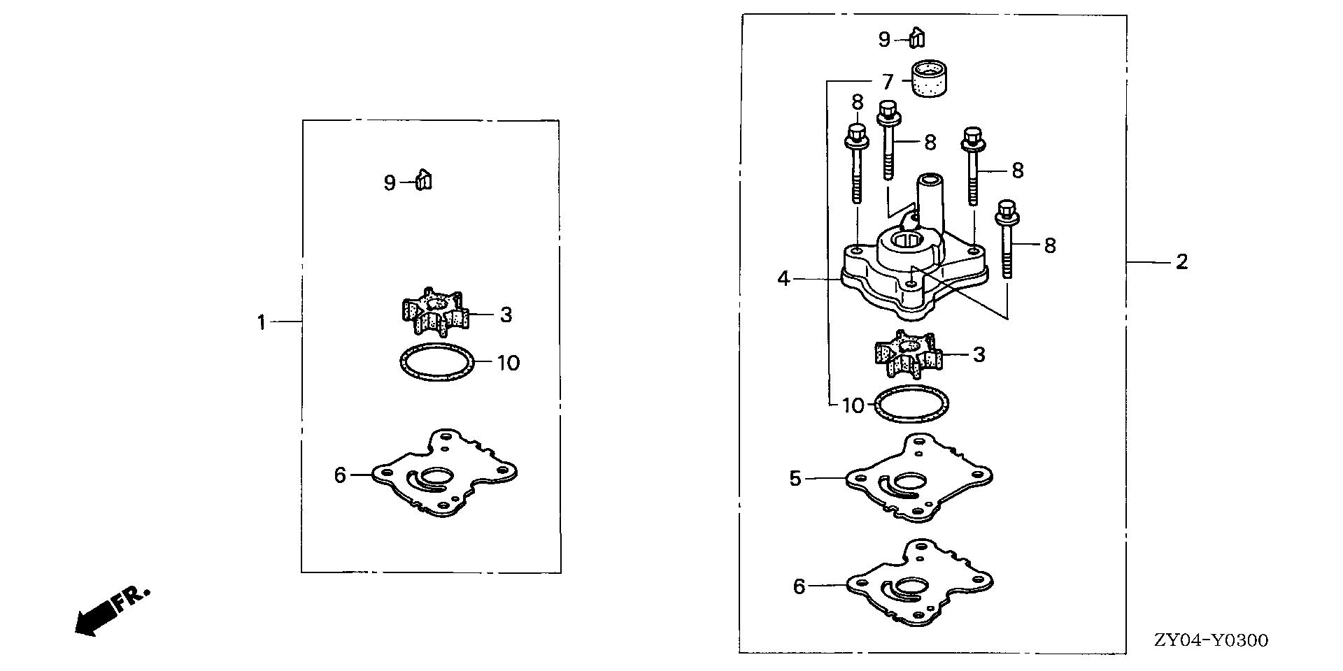 BF20 BF20D3 water pump impeller kit exploded parts diagram with numbered part references