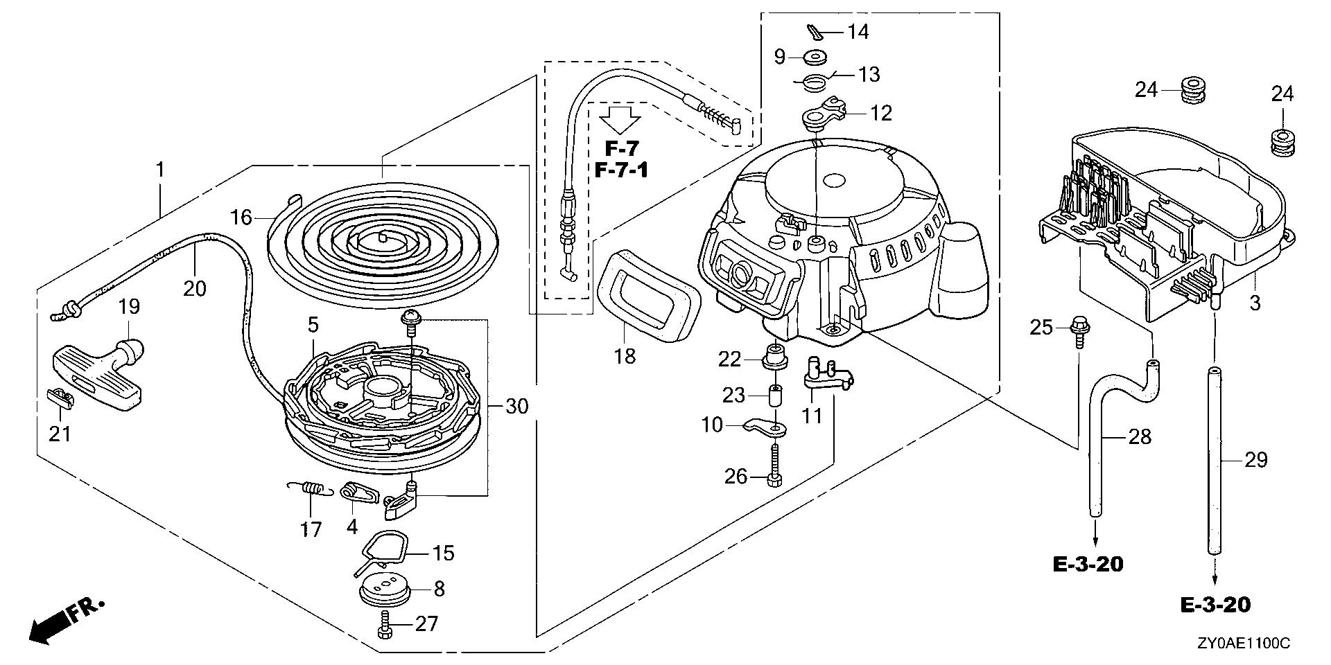 BF20 BF20D5 recoil starter exploded parts diagram with numbered part references