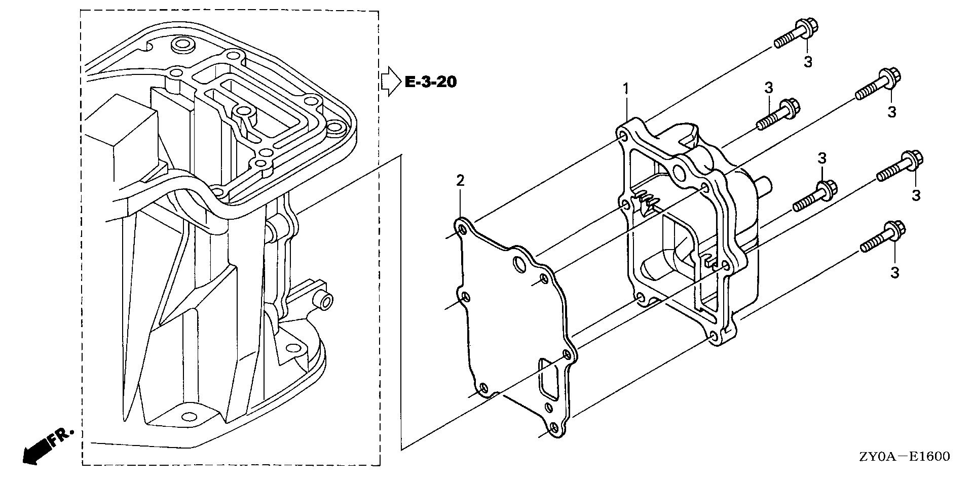 BF20 BF20D5 exhaust chamber cover exploded parts diagram with numbered part references