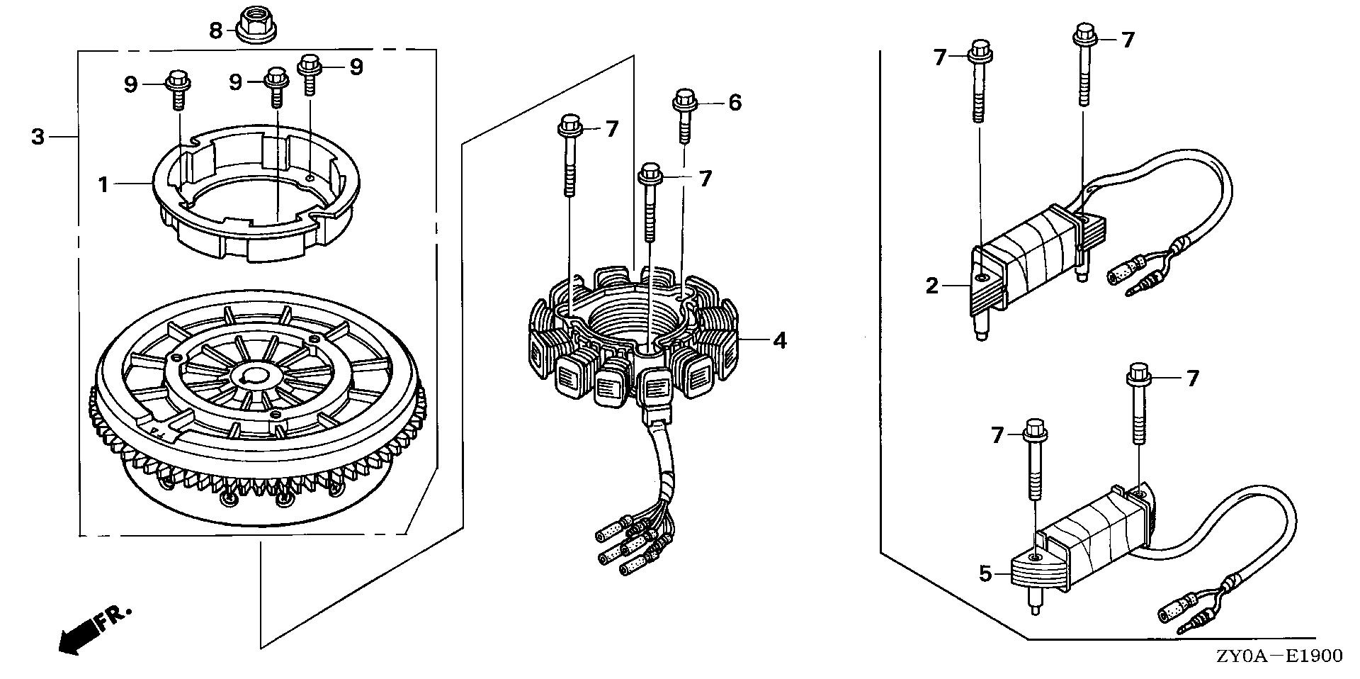 BF20 BF20D5 flywheel exploded parts diagram with numbered part references
