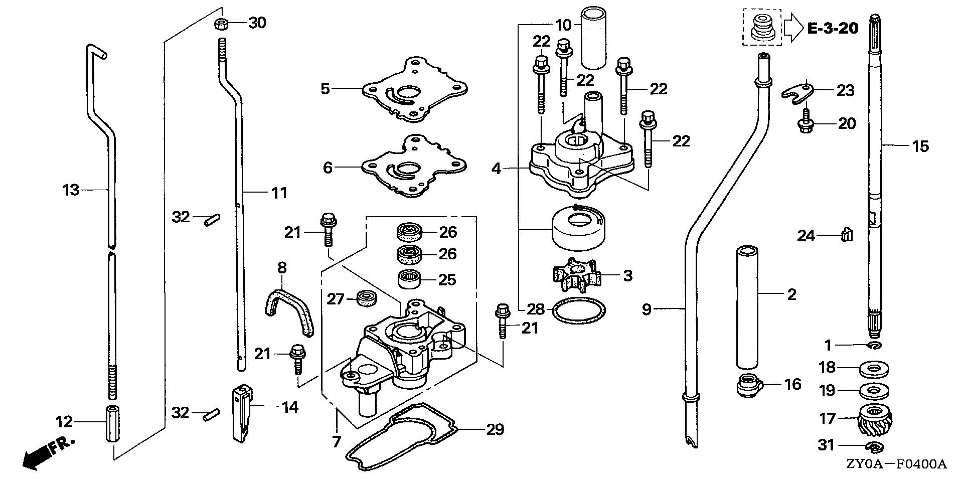 BF20 BF20D5 water pump - vertical shaft (1) exploded parts diagram with numbered part references