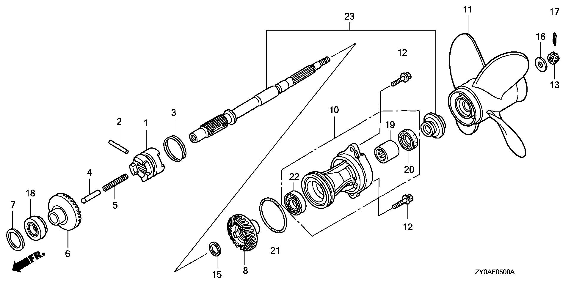 BF20 BF20D5 propeller shaft - propeller exploded parts diagram with numbered part references
