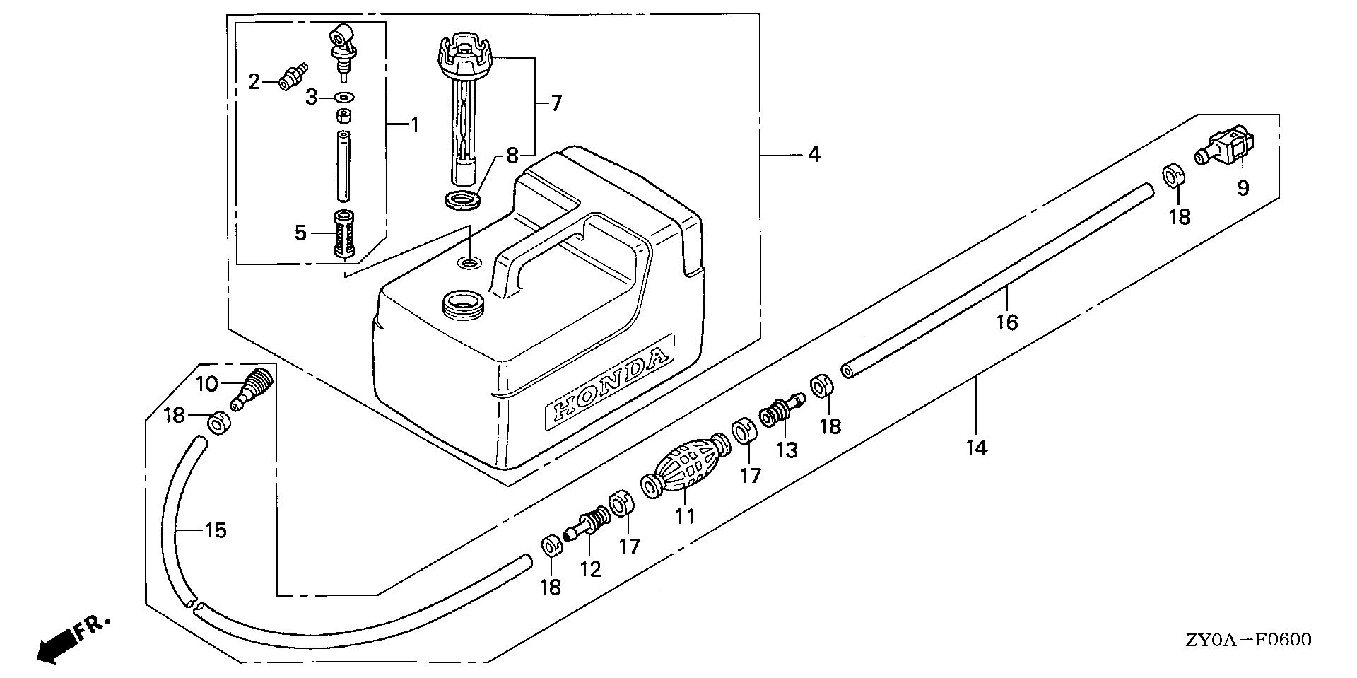 BF20 BF20D5 fuel tank exploded parts diagram with numbered part references
