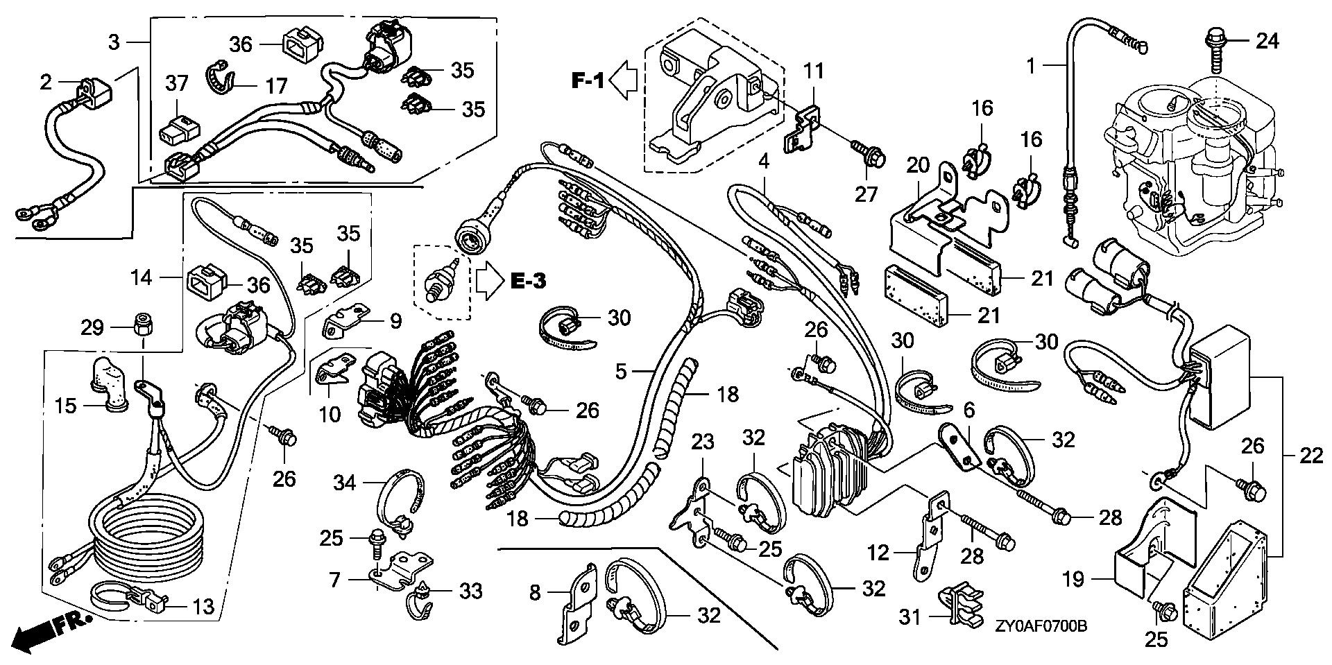 BF20 BF20D5 wire harness - regulator    - starter cable (1) exploded parts diagram with numbered part references